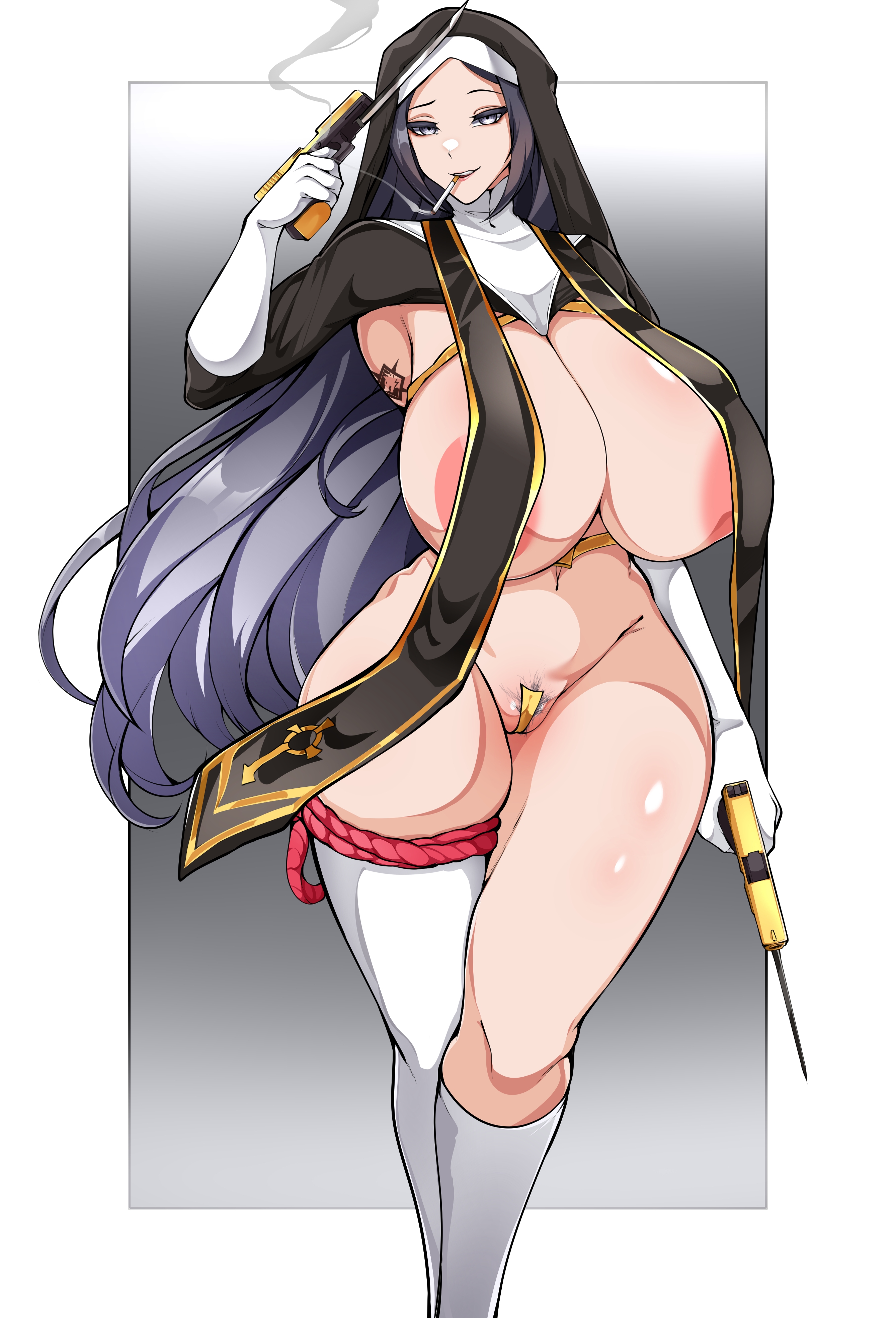 1girls, big breasts, breasts, busty, curvaceous, curvy, curvy body, curvy female, curvy figure, female, gun, handgun, huge breasts, large breasts, last origin, light skin, light-skinned female, nun, owner (artist), t-75 war wolf (last origin), t-75 war wolf (overmodified nun dress) last origin), thick thighs, thighs, voluptuous