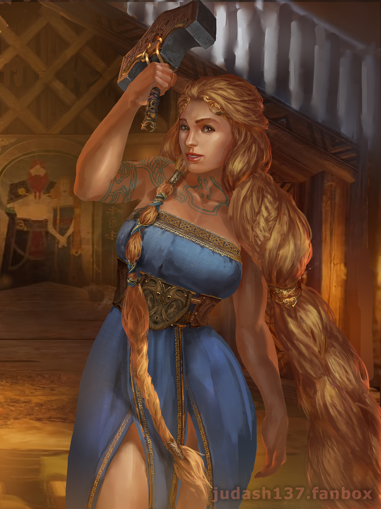 1girls, aesir (norse mythology), blonde hair, blue dress, blue eyes, braided hair, breasts, dress, female, female focus, female only, front view, god of war, god of war ragnarok, goddess, hips, hourglass figure, indoors, judash137, long hair, looking at viewer, milf, mjolnir, mother, mythology, norse mythology, sif (god of war), solo, solo female, sony interactive entertainment, tattoo, tattooed arm, tattoos, wide hips