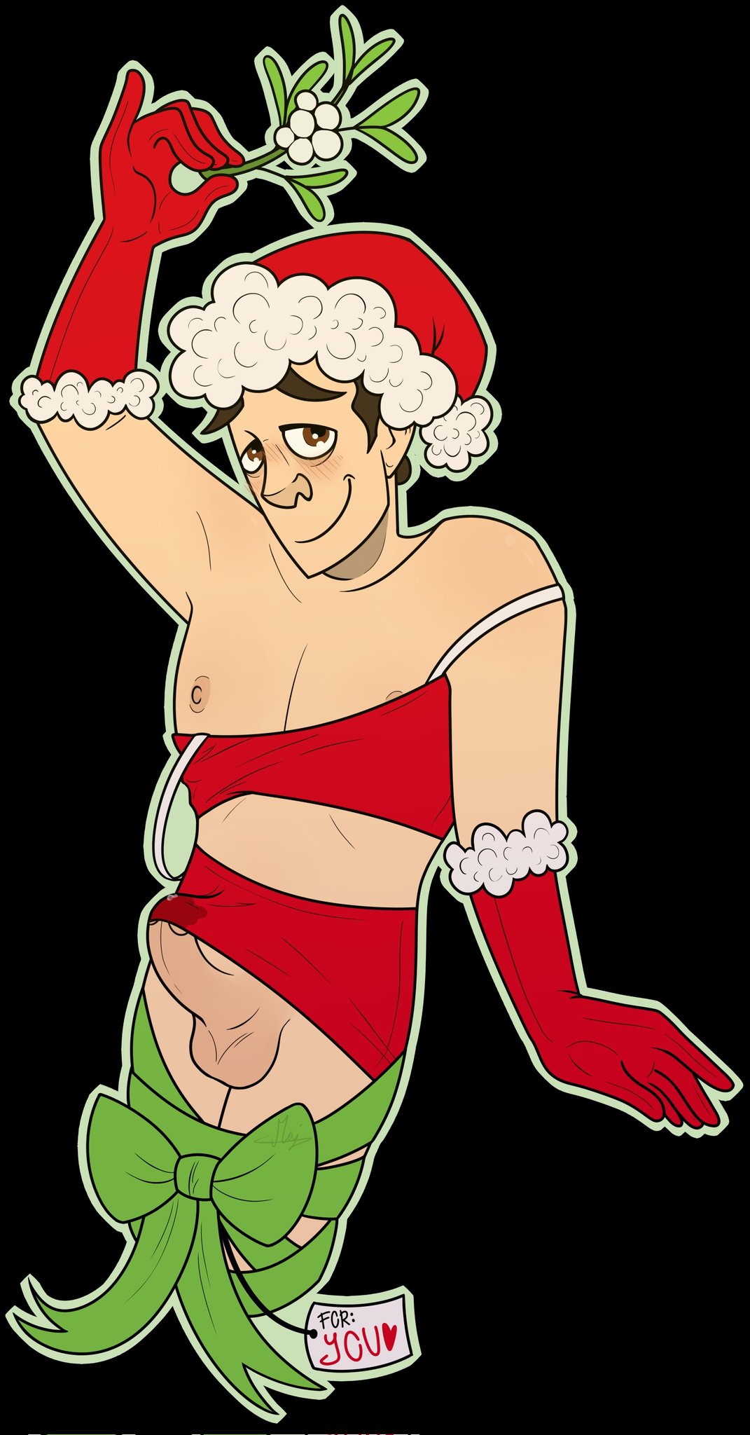 christmas christmas_outfit gendersuspender male male_only mistletoe penis pinup pinup_pose precum stanley_(the_stanley_parable) the_stanley_parable