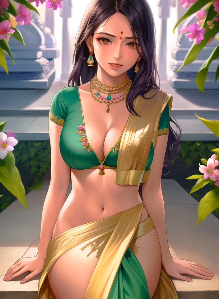 ai generated, big breasts, bindi, black hair, blouse, breasts, brown eyes, brown skin, cleavage, curvaceous, curvy, curvy figure, detailed background, earrings, exotic, female, flower, harem outfit, indian, indian female, jewelry, light skin, light-skinned female, looking at viewer, nature, necklace, original, sari, sitting, slender waist, smile, solo, stable diffusion, temple, thighs, voluptuous