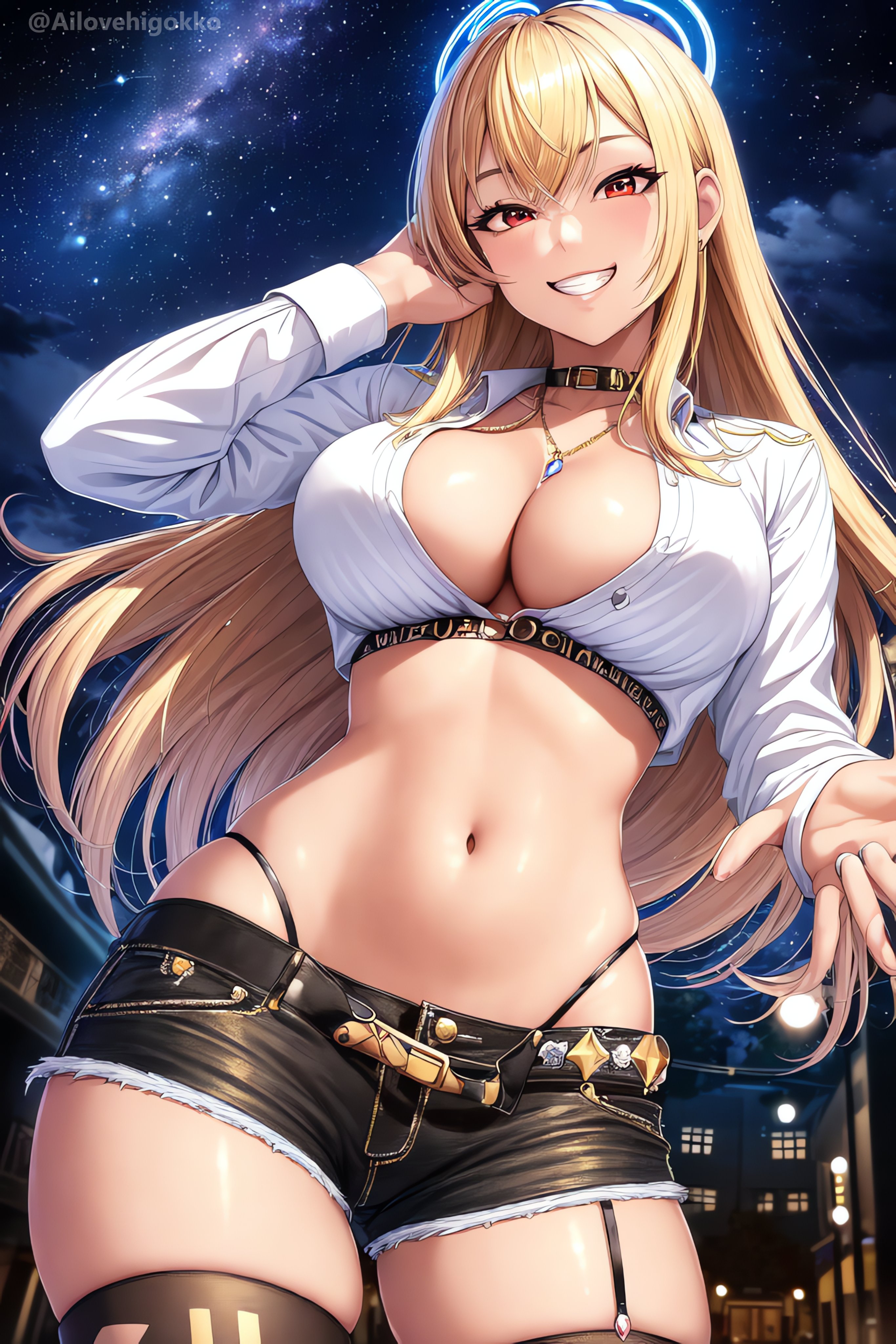 1girls, ai generated, ai love higokko, black choker, blonde hair, booty shorts, breasts, choker, cleavage, female, grin, gyaru, higher resolution available, holaraai, huge breasts, kitagawa marin, light skin, light-skinned female, long hair, midriff, mommy, navel, necklace, outdoors, red eyes, short shorts, shorts, smile, solo, sono bisque doll wa koi wo suru, stable diffusion, thighs