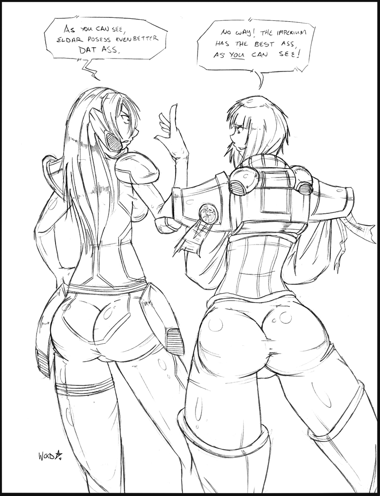 2girls adepta_sororitas aeldari ass dat_ass dialogue eldar english_text female female_only howling_banshee imperium_of_man purity_seal simple_background sister_of_battle sketch speech_bubble text warhammer_(franchise) warhammer_40k wckd wckdart