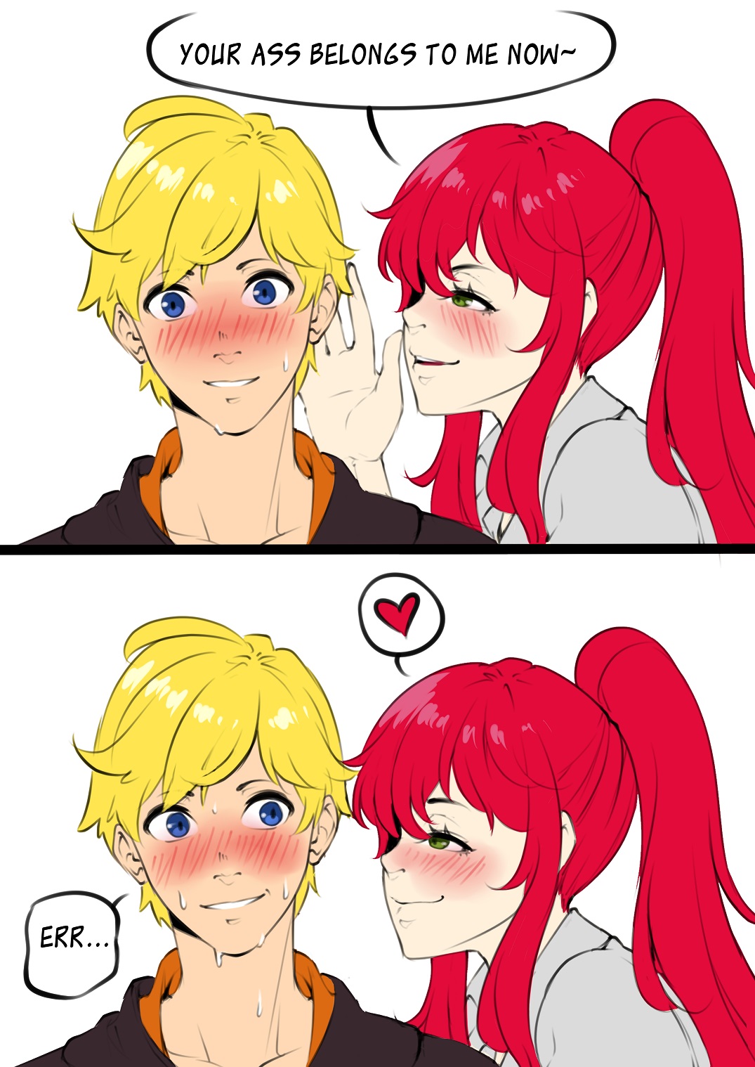 1boy, 1girls, assertive female, blue eyes, blush, comic, english text, female, femdom, gentle femdom, green eyes, half-closed eyes, heart, high ponytail, highres, human, jaune arc, long hair, lulu-chan92, male, meme, nervous, ponytail, pyrrha nikos, red hair, rwby, seductive smile, smile, speech bubble, straight, sweatdrop, tagme, teasing, text, text focus, thought bubble