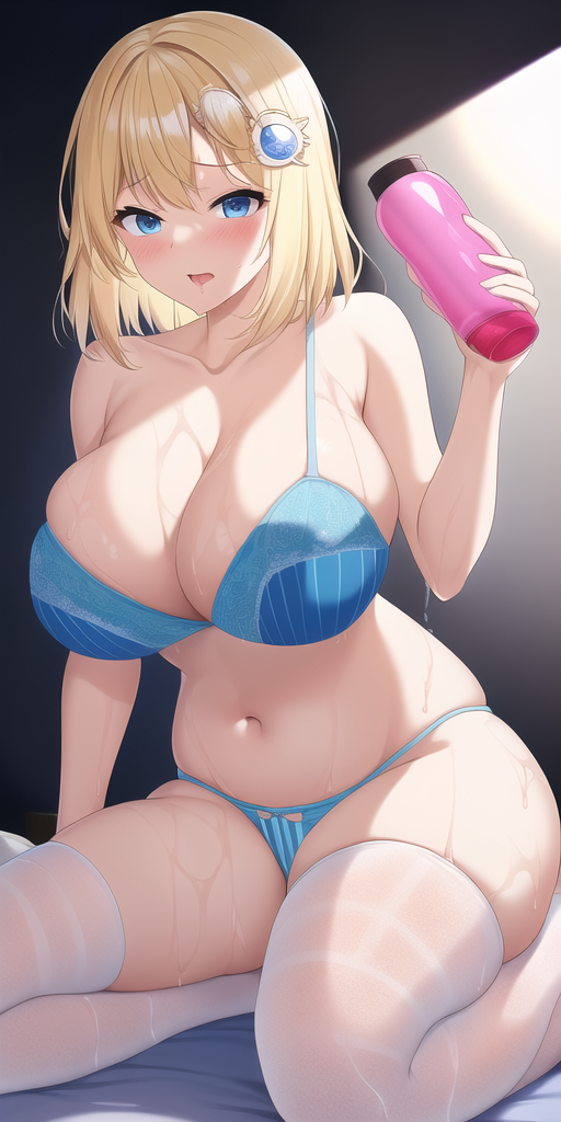 ai_generated blonde_hair blue_ blue_bra blue_eyes blue_panties blush bra fleshlight hair_ornament hololive hololive_english kneeling large_breasts nai_diffusion onahole panties skindentation stable_diffusion stockings thick_thighs virtual_youtuber watson_amelia wet white_legwear white_stockings