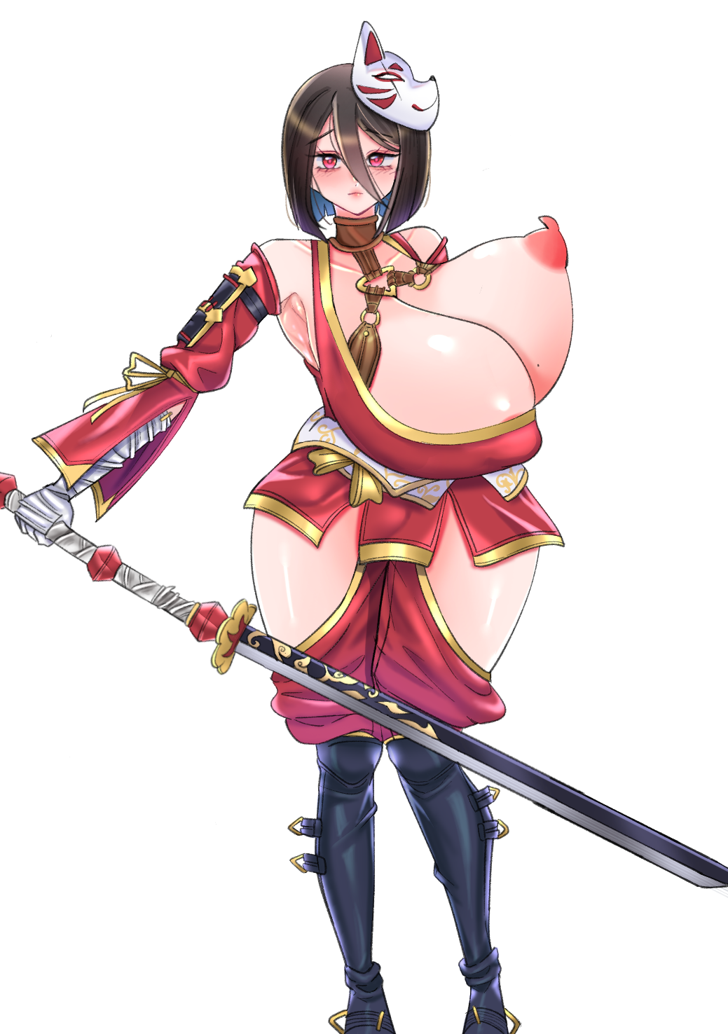 1girls big_breasts black_hair breasts breasts busty curvaceous curvy curvy_body curvy_female curvy_figure female huge_breasts katana kunoichi_kaen large_breasts last_origin nipples red_eyes thick_thighs thighs voluptuous yuhana_(artist)