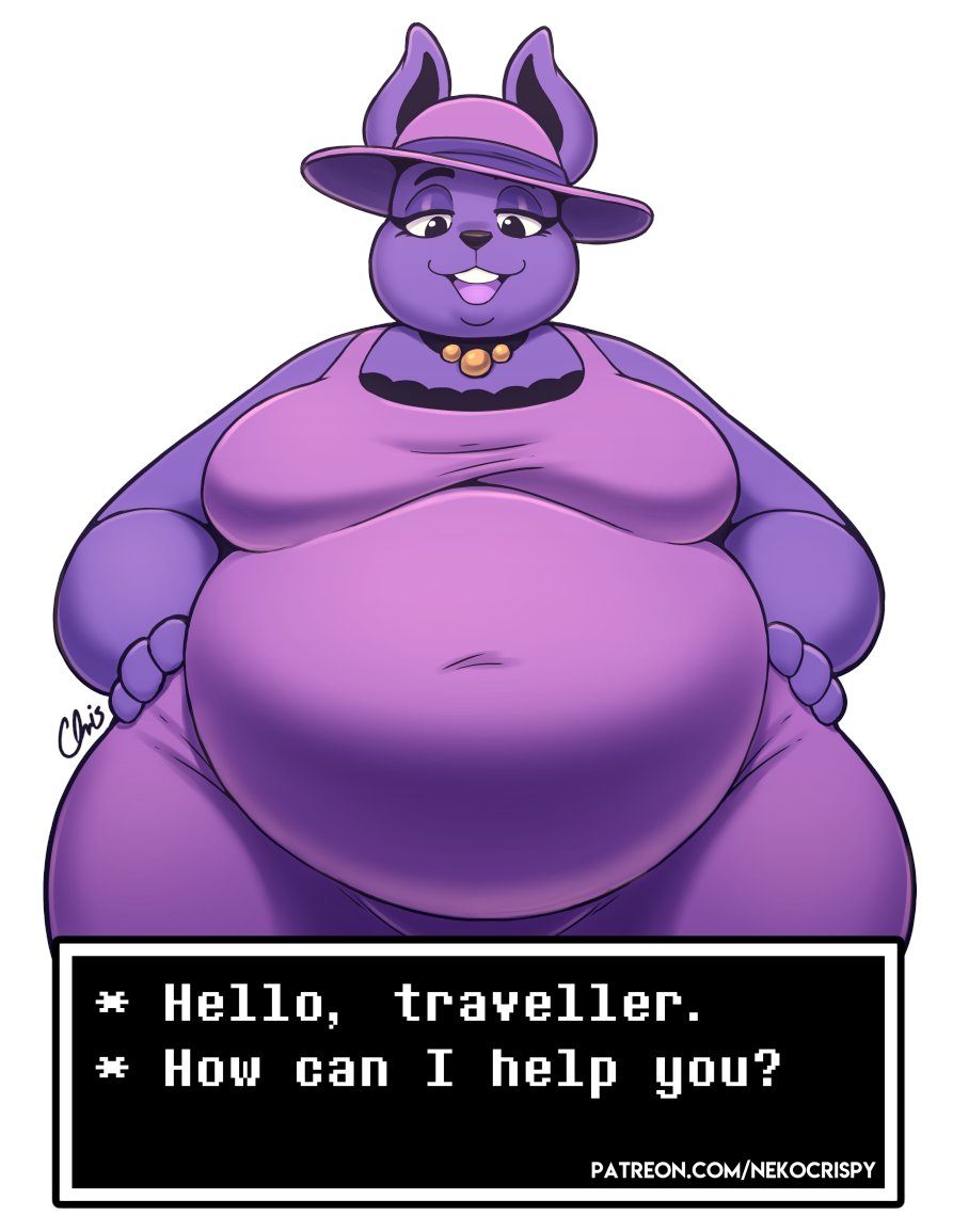 bbw belly belly_overhang big_belly big_breasts bra breasts chubby chubby_anthro chubby_female collar dialogue dialogue_box female hands_on_hips hat neck_collar nekocrispy purple_body purple_dress purple_fur purple_hat purple_skin rabbit rabbit_shopkeeper rabbit_shopkeeper_(undertale) thick_thighs undertale undertale_(series)