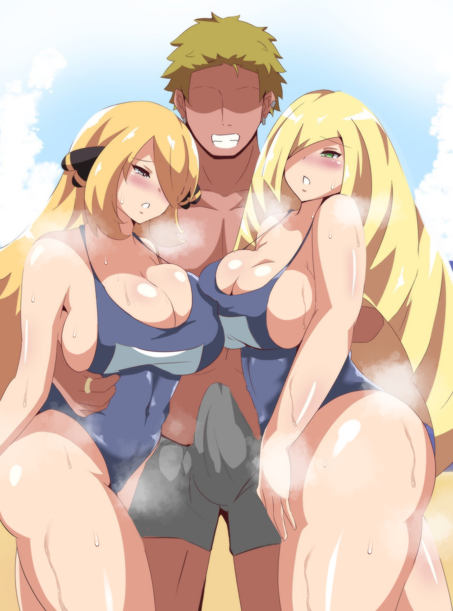 1boy, 2girls, alternate breast size, blonde hair, breasts, cielr18, competition swimsuit, cynthia (pokemon), erection, erection under clothes, female, ffm threesome, green eyes, hair over one eye, highleg swimsuit, huge breasts, light skin, light-skinned female, long hair, lusamine (pokemon), male, mature female, milf, multiple females, multiple girls, nintendo, one-piece swimsuit, pimp, pokemon, pokemon dppt, pokemon sm, steam, steaming body, sweat, sweaty body, swimsuit, thick thighs, threesome, wide hips