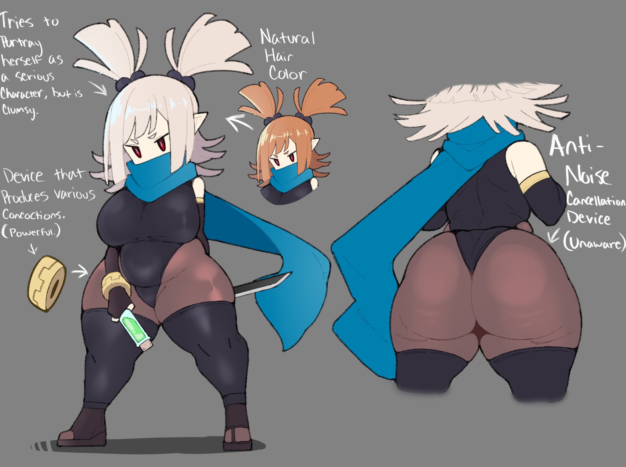 1girls, absurd res, absurdres, armwear, ass, big ass, big breasts, big butt, breasts, bubble ass, bubble butt, busty, character profile, character sheet, curvy, detached sleeves, english text, fat ass, female, female focus, female only, hi res, high resolution, highres, huge ass, huge thighs, large ass, large breasts, light skin, light-skinned female, medium hair, multiple angles, multiple images, multiple views, ninja, oc, original, original character, red eyes, scarf, shortstack, solo, solo female, solo focus, text, thick ass, thick thighs, thighs, thunder thighs, twintails, vammzu, voluptuous, white hair