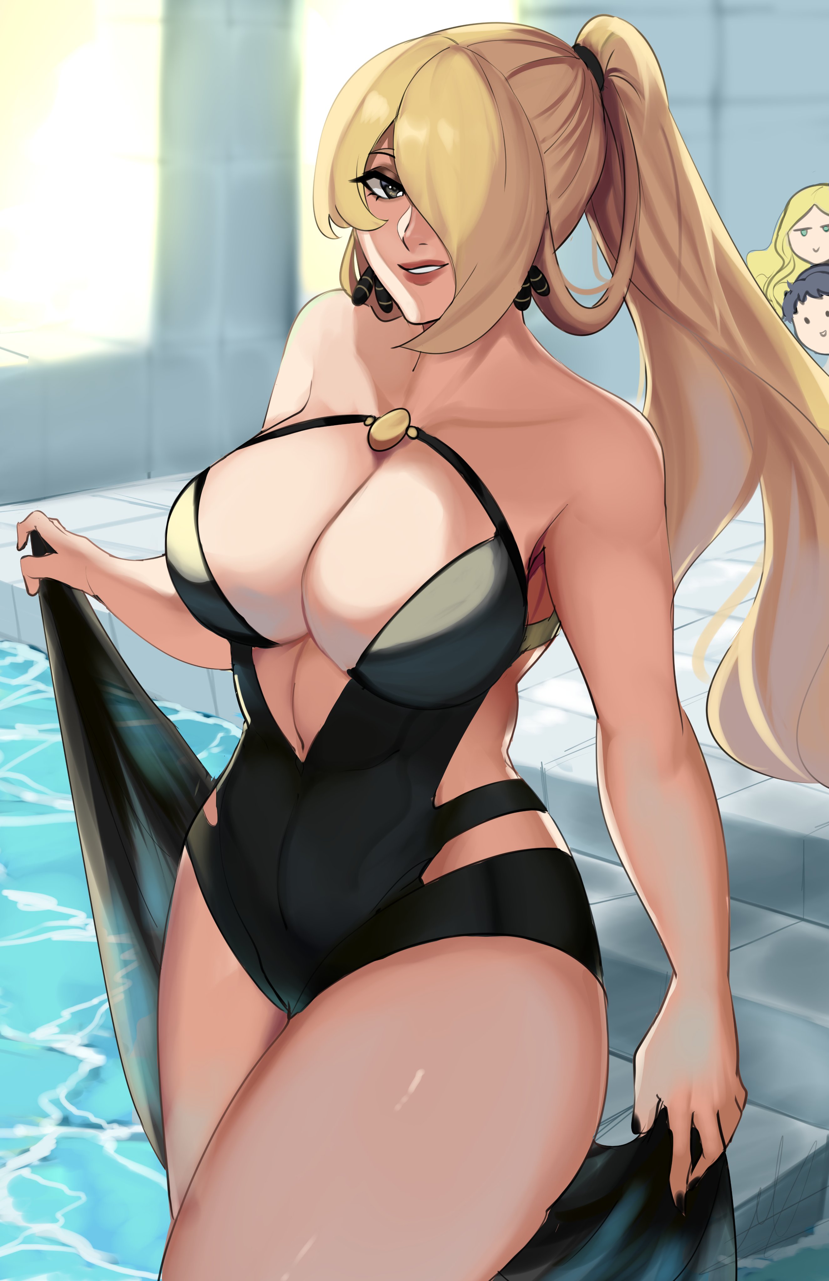 2023, 2d, 2d (artwork), 3girls, 3others, background characters, blonde hair, breasts, cleavage, clothing, cowboy shot, cynthia (pokemon), ear jewelry, female, female focus, female only, hair over one eye, human, human only, long hair, looking at viewer, nintendo, pokemon, ponytail, pool, puzzled artist, questionable, solo, solo focus, straight hair, swimsuit, thick thighs, thighs, watching