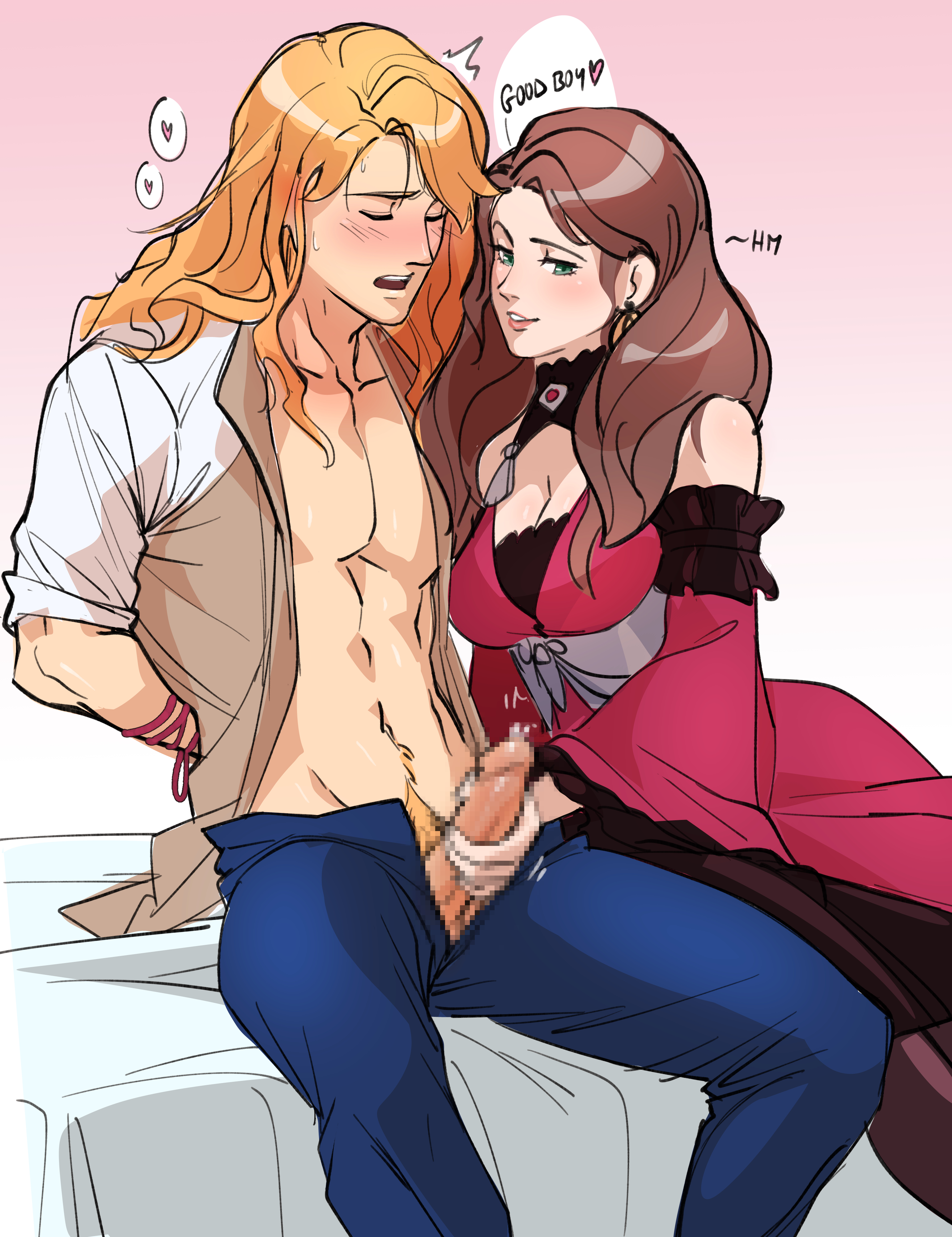 1boy, 1girls, absurd res, arms behind back, arms tied, arms tied behind back, blonde hair, bondage, brown hair, censored, censored penis, dorothea arnault, female, femdom, ferdinand von aegir, fire emblem, fire emblem: three houses, floof n wool, gentle femdom, good boy, handjob, hi res, long hair, male, male/female, malesub, mosaic censoring, penis, post-timeskip, pretty boy