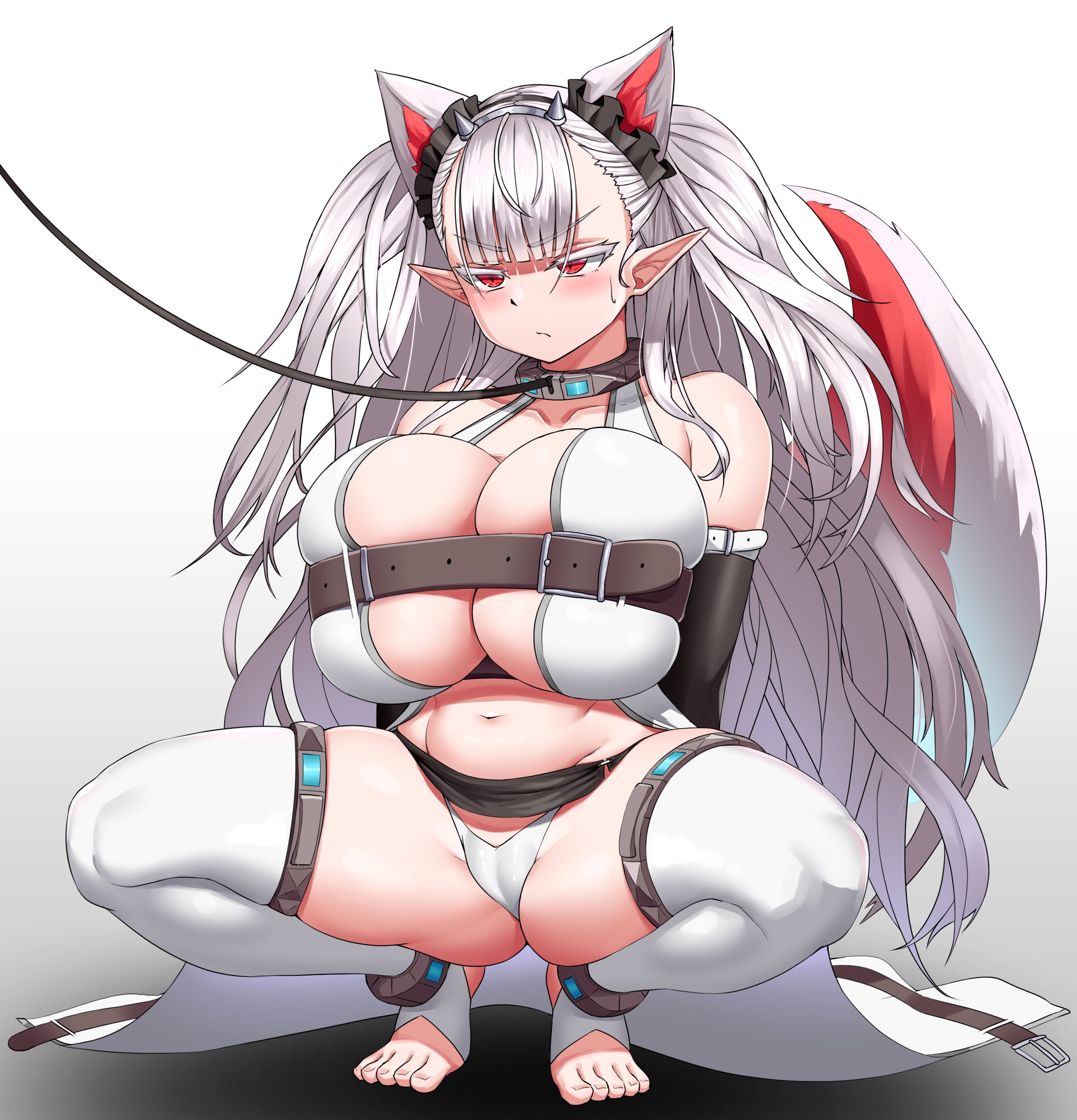 absurdres, animal ears, belt, belt bra, breasts, cho!cho!, cosplay, draculina (last origin), fake animal ears, female, fenrir (last origin), fenrir (last origin) (cosplay), highres, huge breasts, last origin, panties, pointy ears, red eyes, squatting, tail, thighhighs, underwear, white hair, wolf ears, wolf tail