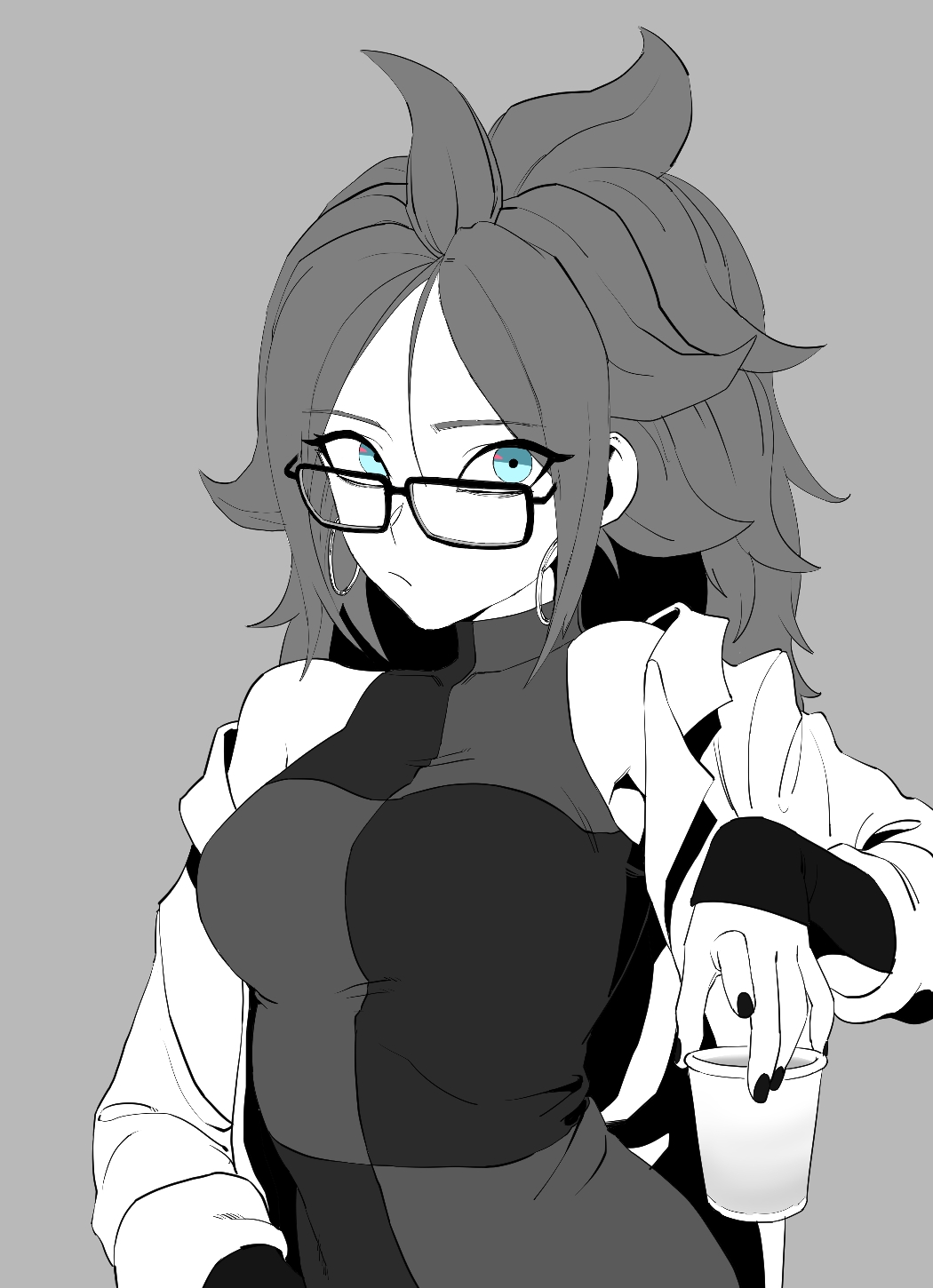 1girls android_21 android_21_(human) black_nails blue_eyes checkered_clothes dark_hair dragon_ball dragon_ball_fighterz dragon_ball_z glasses lab_coat labcoat looking_at_viewer solo solo_female spiked_hair spiky_hair zquung