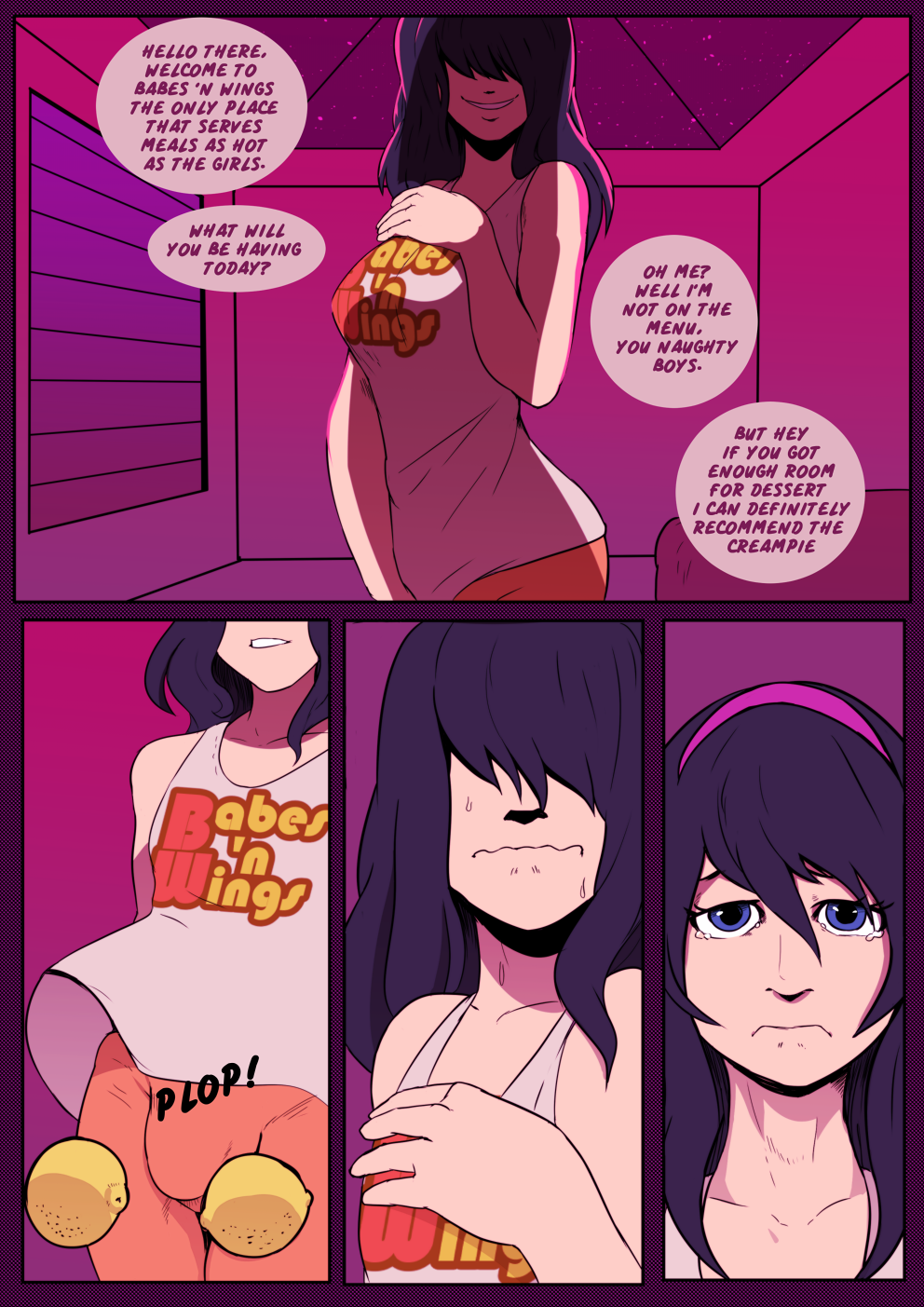 barbie_cox_(lemonfont) black_hair blue_eyes bulge comic comic_page dark_hair disappointed english_text fake_breasts hair_over_eyes lemonfont long_hair page_1 pearl_necklace_(comic) purple_hair sad_expression sad_face shorts speech_bubble tank_top trap twink