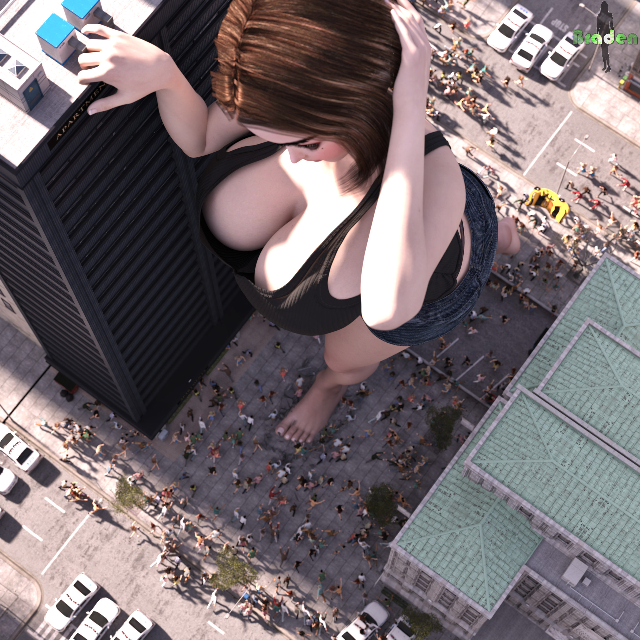 1girls, 3d, artist request, barefoot, big breasts, bradengts, breasts, cleavage, female, from above, giantess, jeans, jorts, samsung sam, stomping