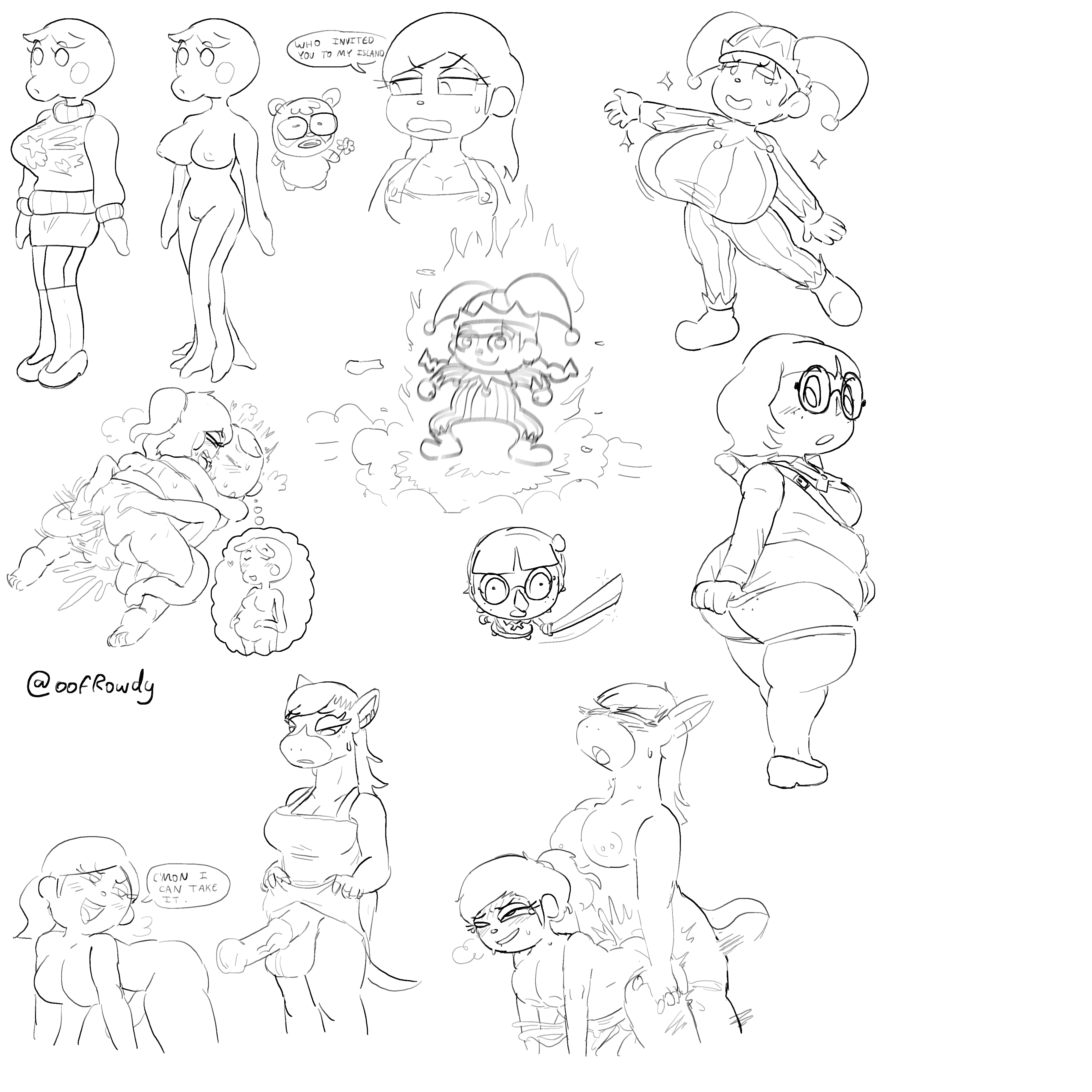 2023, 2futas, all fours, animal crossing, balls, big breasts, big penis, black and white, breasts, cum, cum while penetrated, cumming, dialogue, doodle, ejaculation, english text, erection, eyelashes, female, female focus, futa on female, futa on futa, futa with female, futanari, glasses, hands-free, handsfree ejaculation, huge breasts, huge cock, intersex, jester, jester cap, jester costume, jester hat, jester outfit, large breasts, marina (animal crossing), missy (oofrowdy), oofrowdy, orgasm, penis, ponytail, reneigh (animal crossing), sex, sketch, sketch page, text, villager (animal crossing)