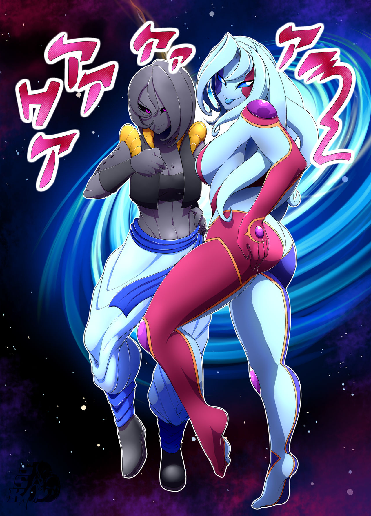 2girls arabian_clothes ass athletic_female belly_button black_skin checkered completely_nude dragon_ball dragon_ball_xenoverse dragon_ball_z female_majin fusion harem_outfit jojo_reference jujubi majin monster_girl navel nude oc original_character shadowscarknight tongue_out tuffle