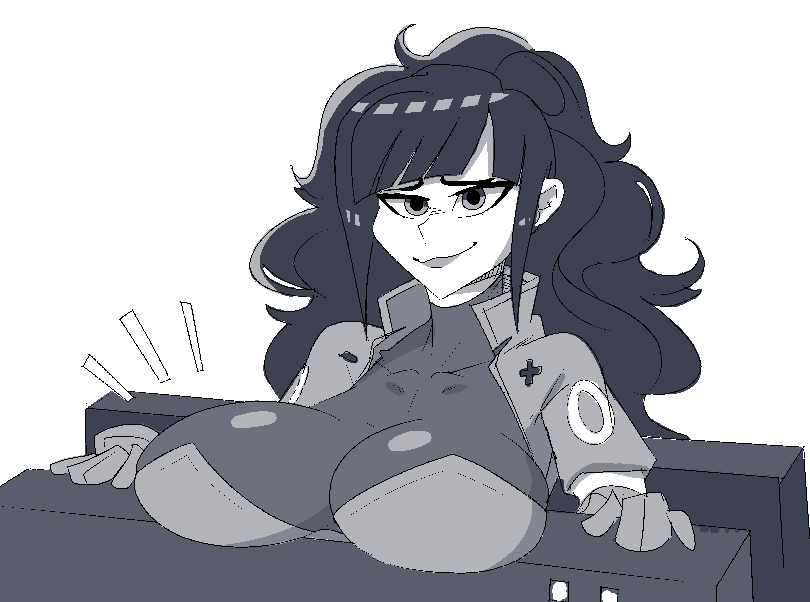 /ctt/ bangs big_breasts bikini_top black_bodysuit black_hair blunt_bangs bodysuit breasts_on_table clothed console-tan female gijinka gloves greyscale huge_breasts humanized jacket large_breasts long_hair looking_at_viewer messy_hair nintendo nintendo_switch switch-tan unknown_artist white_background