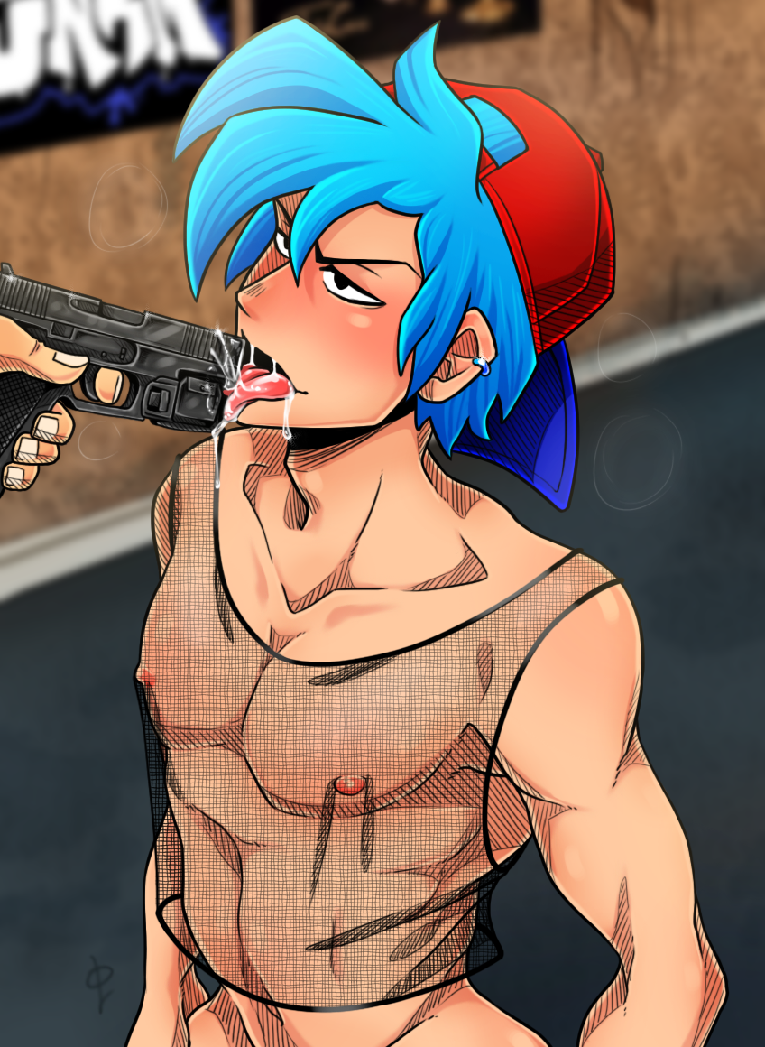 blue_hair boyfriend_(friday_night_funkin) drool drooling ear_piercing earrings fishnet fishnet_shirt fnf friday_night_funkin gay gun gun_play gunplay gunpoint improper_gun_saftey improper_handing_of_a_firearm male male_only oukamocha partially_clothed pico_(newgrounds) theyaoiking tongue tongue_out yaoi