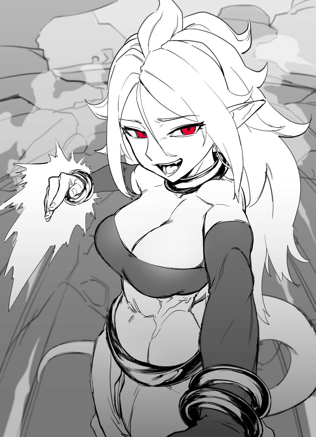 1girls abs android_21 arabian_clothes athletic_female attacking_viewer bracelet dragon_ball dragon_ball_fighterz dragon_ball_z energy_sword fit_female four_pack harem_outfit imminent_death incoming_attack jewelry looking_at_viewer majin_android_21 medium_breasts muscular_female pointy_ears red_eyes smile smiling_at_viewer solo solo_female spiked_hair spiky_hair tail zquung