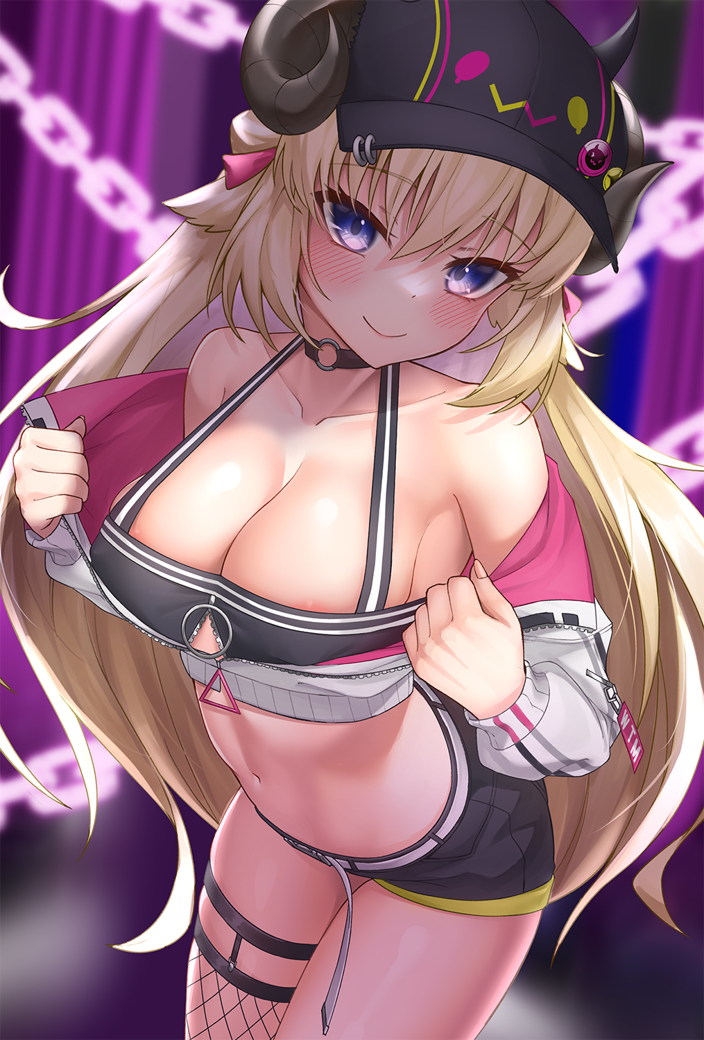 1girls 2023 alternate_version_at_source animal_horns areola_slip bare_shoulders belly big_breasts blonde_hair blush cap choker cleavage clothed clothed_female clothing collarbone cosplay eyebrows_visible_through_hair eyelashes female female_only fishnet_stocking hat holoforce hololive hololive_japan horns jacket light-skinned_female light_skin long_hair looking_at_viewer navel nipple_bulge open_jacket purple_eyes seductive seductive_look shorts simple_background smile smiling solo thigh_strap thighs tokoyami_towa_(cosplay) tsunomaki_watame undressing virtual_youtuber z.m._(school913102)