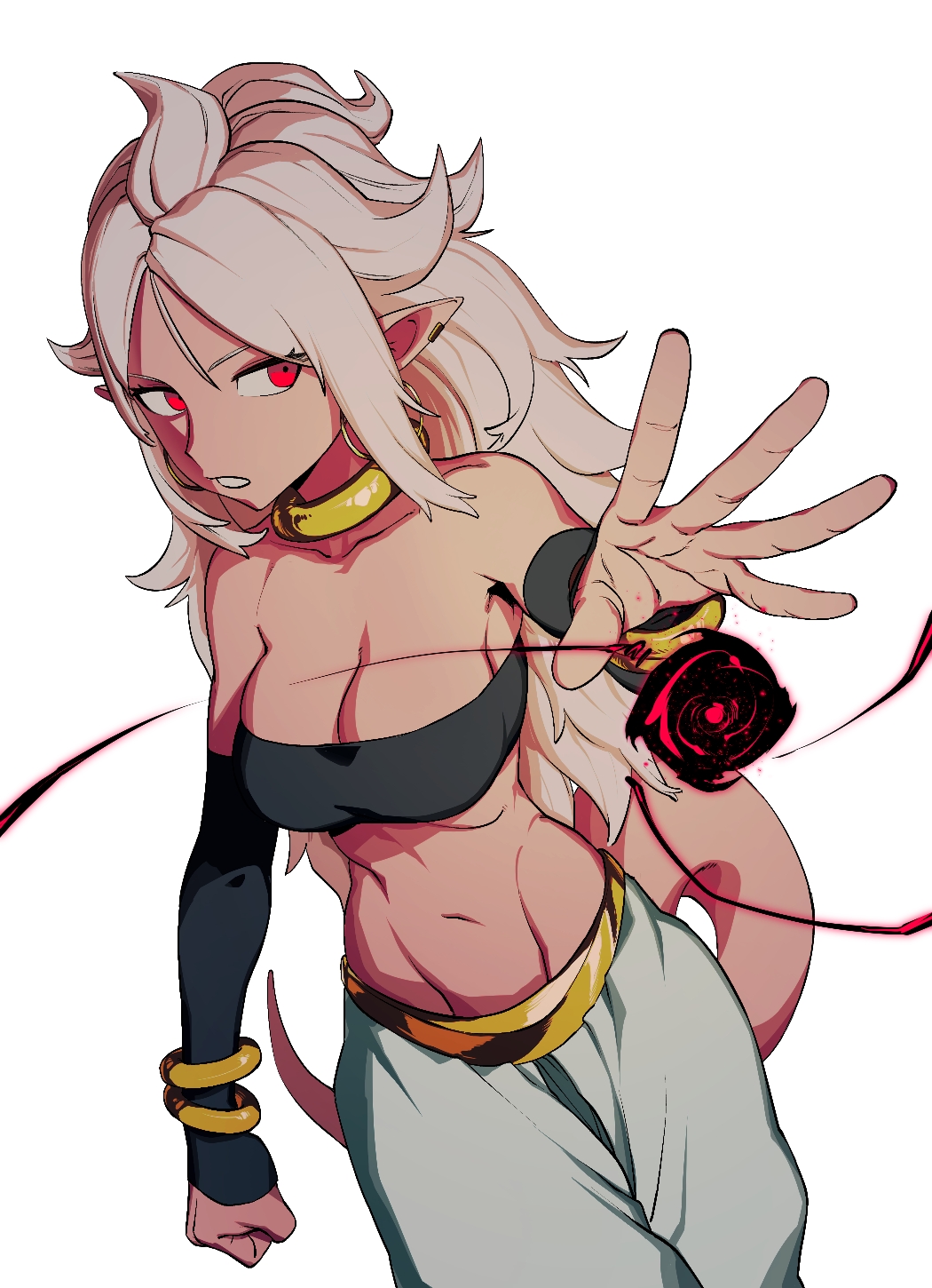 1girls android_21 arabian_clothes athletic_female attacking_viewer belly_button bracelet breasts dragon_ball dragon_ball_fighterz dragon_ball_z energy_ball fingers harem_outfit incoming_attack looking_at_viewer majin_android_21 medium_breasts navel pink_body pink_skin pointy_ears red_eyes simple_background solo solo_female spiked_hair spiky_hair tagme tail white_background zquung