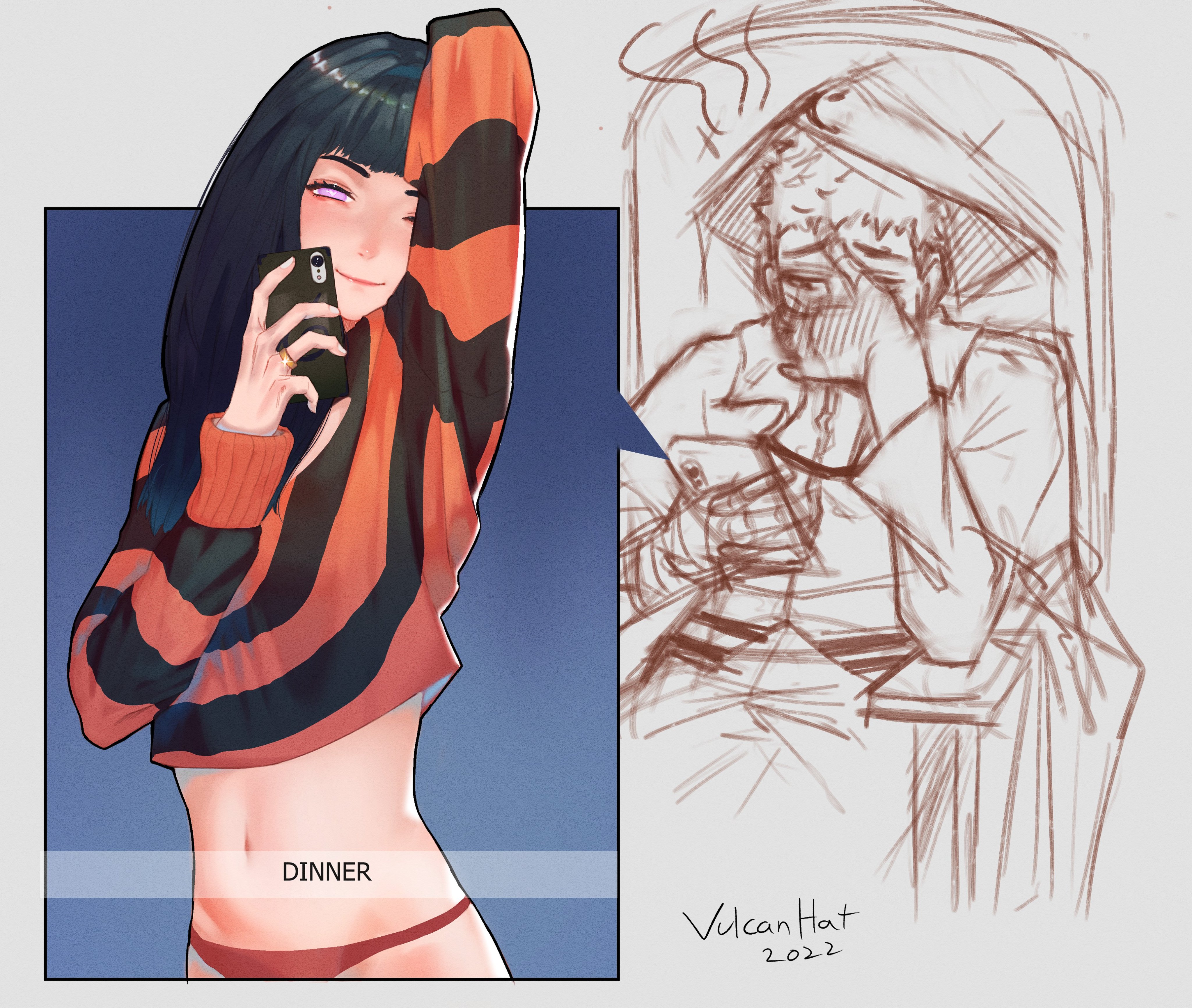 1boy, 1girls, almost naked, belly, belly button, blue hair, blush, camera, chair, clothed, clothing, couple, crop top, female, female focus, headwear, hi res, high resolution, highres, hyuuga hinata, jacket, jewelry, light skin, light-skinned female, lips, lipstick, long hair, looking at viewer, makeup, male, male/female, mature, mature female, milf, mirror selfie, narrowed eyes, naruto, naruto (series), naruto shippuden, naruto: the last, nose blush, one eye closed, pale skin, pale-skinned female, panties, partially clothed, partially colored, phone, pink lips, pink lipstick, pinup, pose, posing, purple eyes, red panties, red thong, ring, selfie, shounen jump, sitting, smile, smiling, smiling at viewer, standing, straight, sweater, thong, uzumaki naruto, voluptuous, vulcanhat, wedding ring, wide hips, wink, winking at viewer