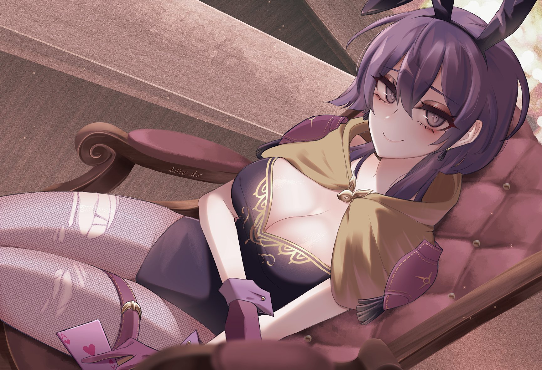 1girls, ace of hearts, adapted costume, alternate costume, animal ears, bangs, bernadetta von varley, breasts, bunny ears, bunny girl, bunnysuit, card, chair, cleavage, commentary, dutch angle, eine (eine dx), english commentary, eyeshadow, fake animal ears, female, female only, fire emblem, fire emblem: three houses, gloves, hair between eyes, heart, highres, holding, holding card, large breasts, leotard, looking at viewer, makeup, nintendo, pantyhose, post-timeskip, purple eyes, purple gloves, purple hair, purple leotard, rabbit ears, short hair, sitting, smile, solo, strapless, strapless leotard, thighs, torn clothes, torn pantyhose, wrist cuffs