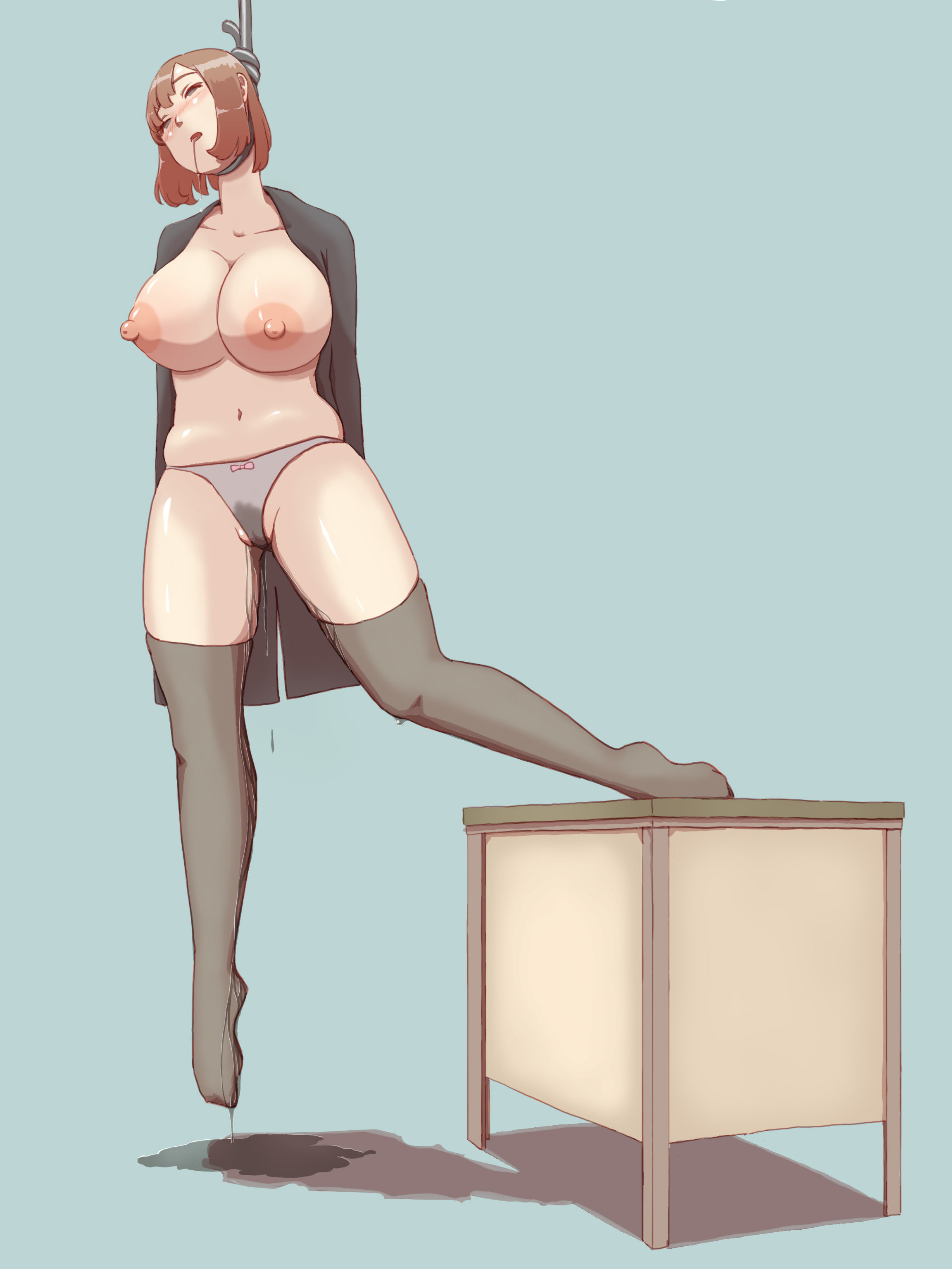 1girls, asphyxiation, big breasts, breasts, desk, female, gore, guro, hanged, leggings, nipples, noose, panties