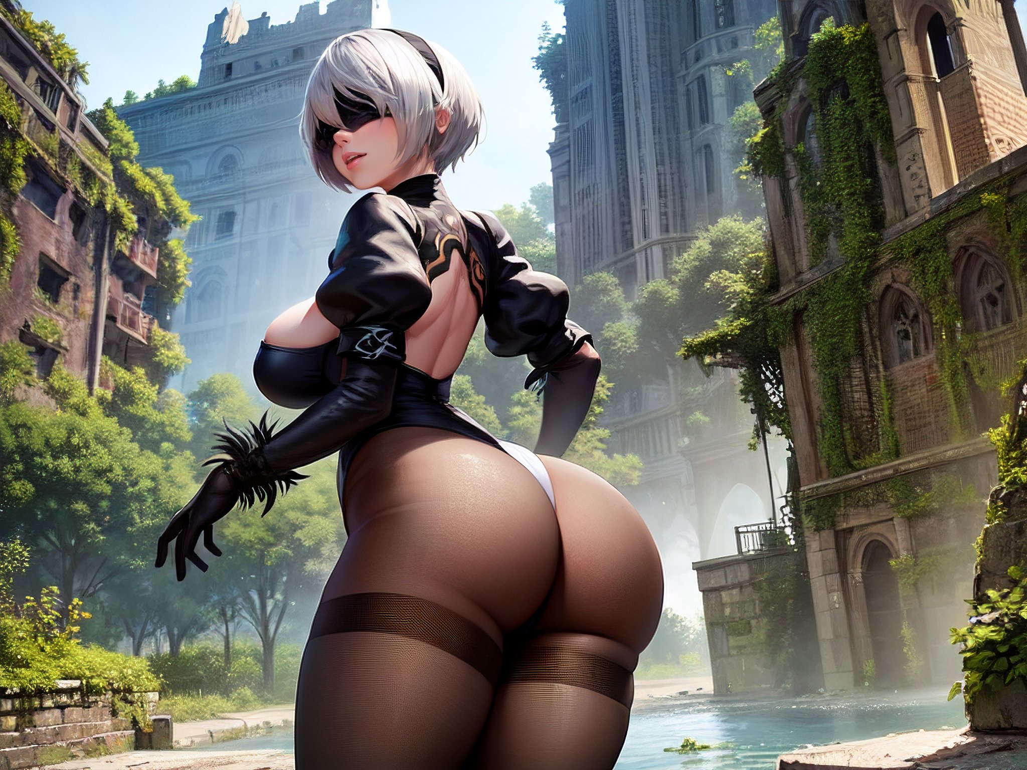 2020s, 2023, ai generated, ass, big breasts, black stockings, blindfold, breasts, bubble ass, female, hi res, high resolution, nier: automata, seductive look, short hair, stable diffusion, white hair, yorha 2b