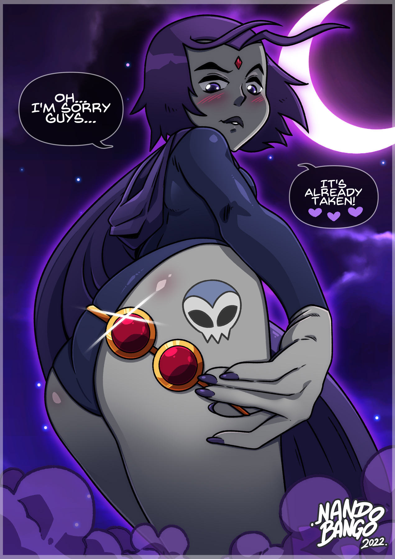 1girls, ass, cape, dc, dc comics, english text, female, female only, grey skin, leotard, lipstick, nando bango, one piece suit, purple eyes, purple hair, rachel roth, raven (dc), short hair, solo, teen titans, text, tight clothing, zone