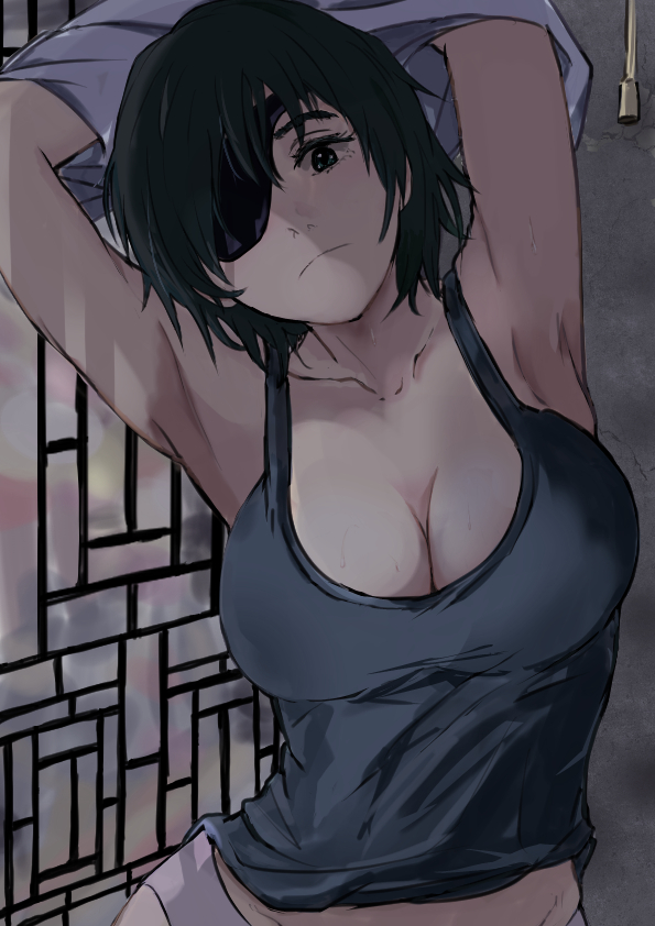 1girls, armpits, arms up, big breasts, breasts, chainsaw man, cleavage, eye patch, eyepatch, female, female only, himeno (chainsaw man), light skin, light-skinned female, looking at viewer, mappa, undressing