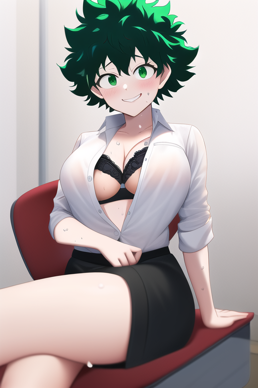 ai_generated black_bra blush female_deku genderswap green_eyes green_hair huge_breasts hypercummies izuku_midoriya large_breasts my_hero_academia rule_63 sweatdrop thick_thighs wet_clothes