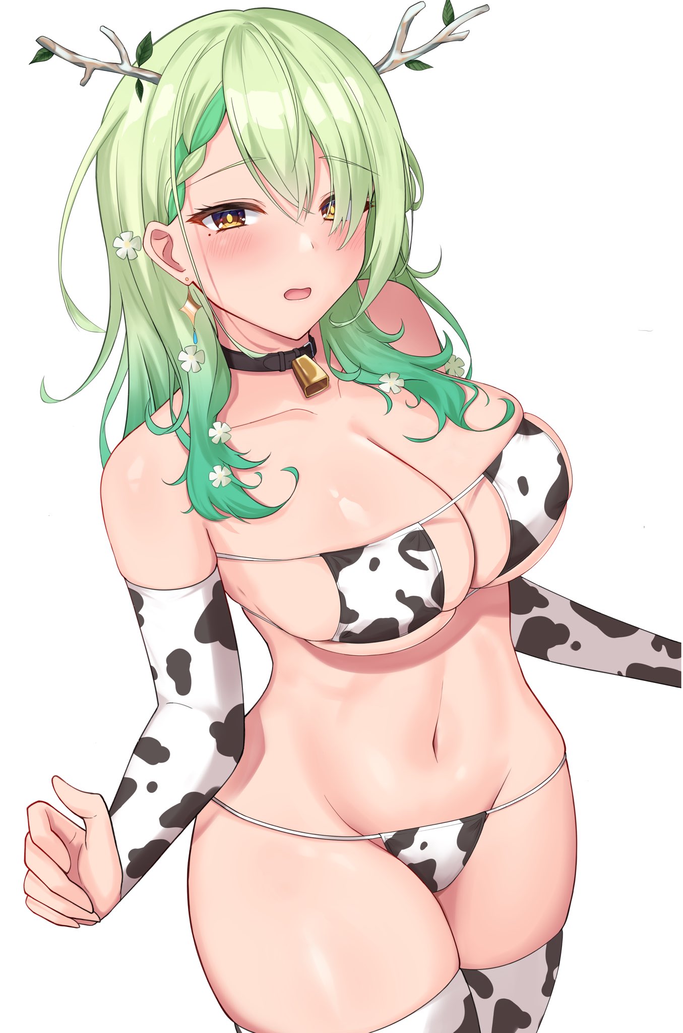 1girls, 2022, animal print, antlers, bangs, bell, big breasts, bikini, black collar, branch, breasts, ceres fauna, collar, cow bikini, cow print, cowbell, eyepatch bikini, female, green hair, highres, hololive, hololive english, hololive english -council-, hololive english -promise-, large breasts, leaf, mikoto paint, mole, mole under eye, navel, neck bell, print bikini, simple background, solo, stomach, swimsuit, thighhighs, thighs, virtual youtuber, white background, yellow eyes