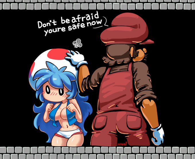 1boy 1girls 2023 absurd_res artist_signature big_breasts black_background blue_clothing blue_hair blush brick_wall castle dolphin_shorts highres long_hair mario mario_(series) minus8 mob_face nintendo red_clothing red_shoes smaller_female super_mario_bros. super_mario_bros._(nes) text toad_(mario) toad_girl white_shirt