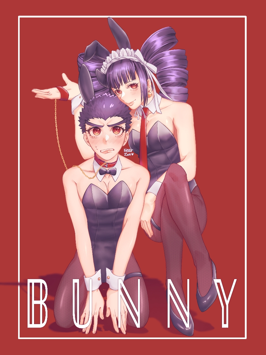 1boy 1girls black_hair blush bowtie bunny_boy bunny_ears bunny_girl bunnysuit celestia_ludenberg chain_leash collar danganronpa danganronpa:_trigger_happy_havoc detached_collar drill_hair female femdom fishnets full_body garter high_heels kiyotaka_ishimaru kneeling leash long_hair looking_at_viewer maid_headdress male male_playboy_bunny malesub nearzan necktie pantyhose petplay red_background red_eyes straight_hair thigh_strap twintails