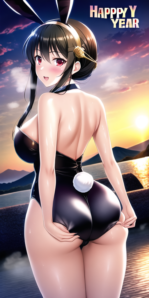 1girls, ai generated, alternate costume, anime, ass, ass focus, ass grab, back view, backside, black hair, black-haired female, bunny costume, bunny ears, bunny girl, bunny tail, bunnysuit, cuffs (clothing), female, female only, grabbing own ass, human, lakeside, latex, mountain, mountainous horizon, nai diffusion, outside, red eyes, shiny clothes, short hair, sidelocks, sole female, solo, solo female, solo focus, spy x family, stable diffusion, sunset, tight clothing, white skin, year of the rabbit, yor briar