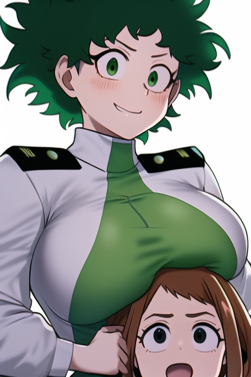 ai_generated female_deku green_eyes green_hair huge_breasts hypercummies izuku_midoriya large_breasts my_hero_academia ochako_uraraka office_clothing rule_63 short_hair smiling underboob