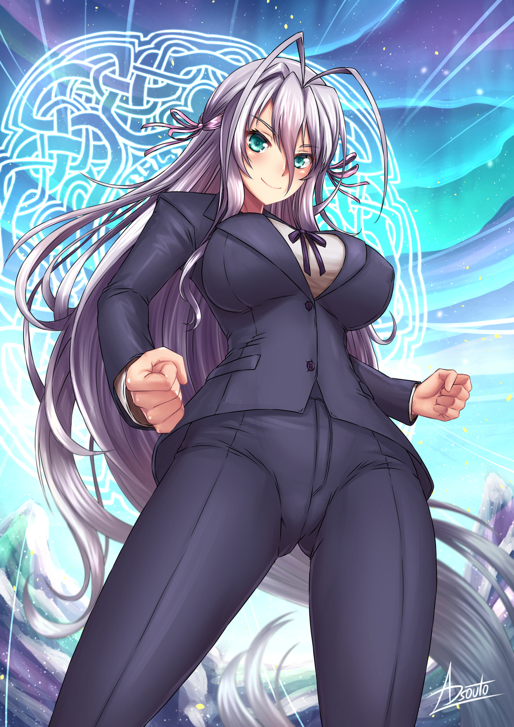 adsouto antenna_hair aqua_eyes blue_eyes breasts business_suit female formal hair_ribbon high_school_dxd highres large_breasts long_hair looking_at_viewer pant_suit pants ribbon rossweisse silver_hair smile suit thighhighs very_long_hair