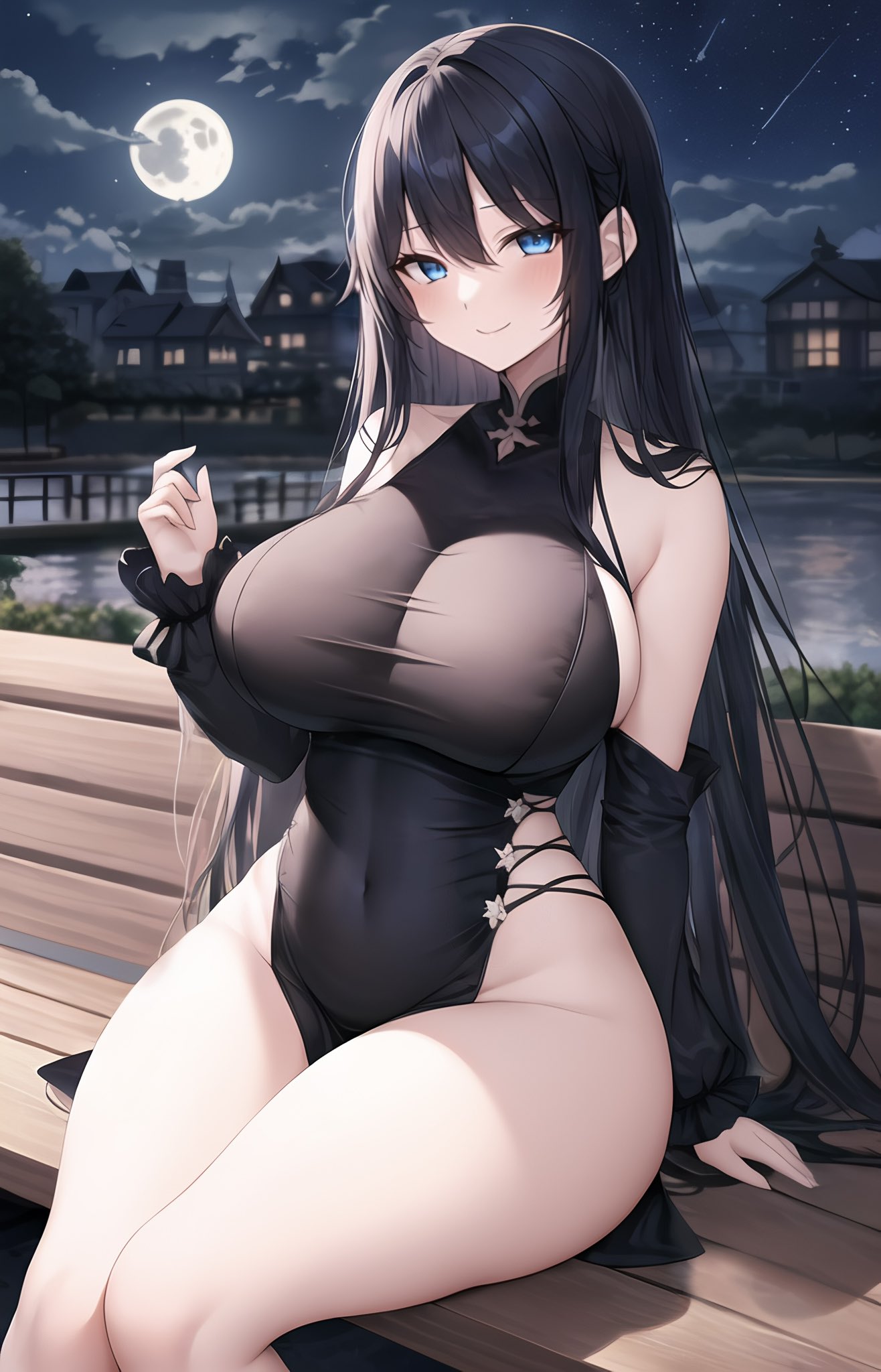1girls, ai generated, black hair, blue eyes, breasts, female, femdom, hips, huge breasts, light skin, light-skinned female, long hair, looking at viewer, male, original, original character, penis, pinching gesture, small penis gesture, small penis humiliation, stable diffusion, stuffyai, thick thighs, thighs, wide hips
