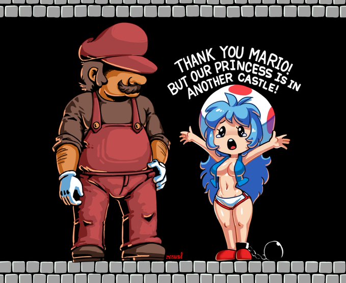 1boy 1girls 2023 absurd_res artist_signature big_breasts black_background blue_clothing blue_hair blush brick_wall brown_hair castle dolphin_shorts facial_hair female highres long_hair male mario mario_(series) minus8 mob_face mustache nintendo red_clothing red_shoes smaller_female super_mario_bros. super_mario_bros._(nes) text toad_(mario) toad_girl white_shirt