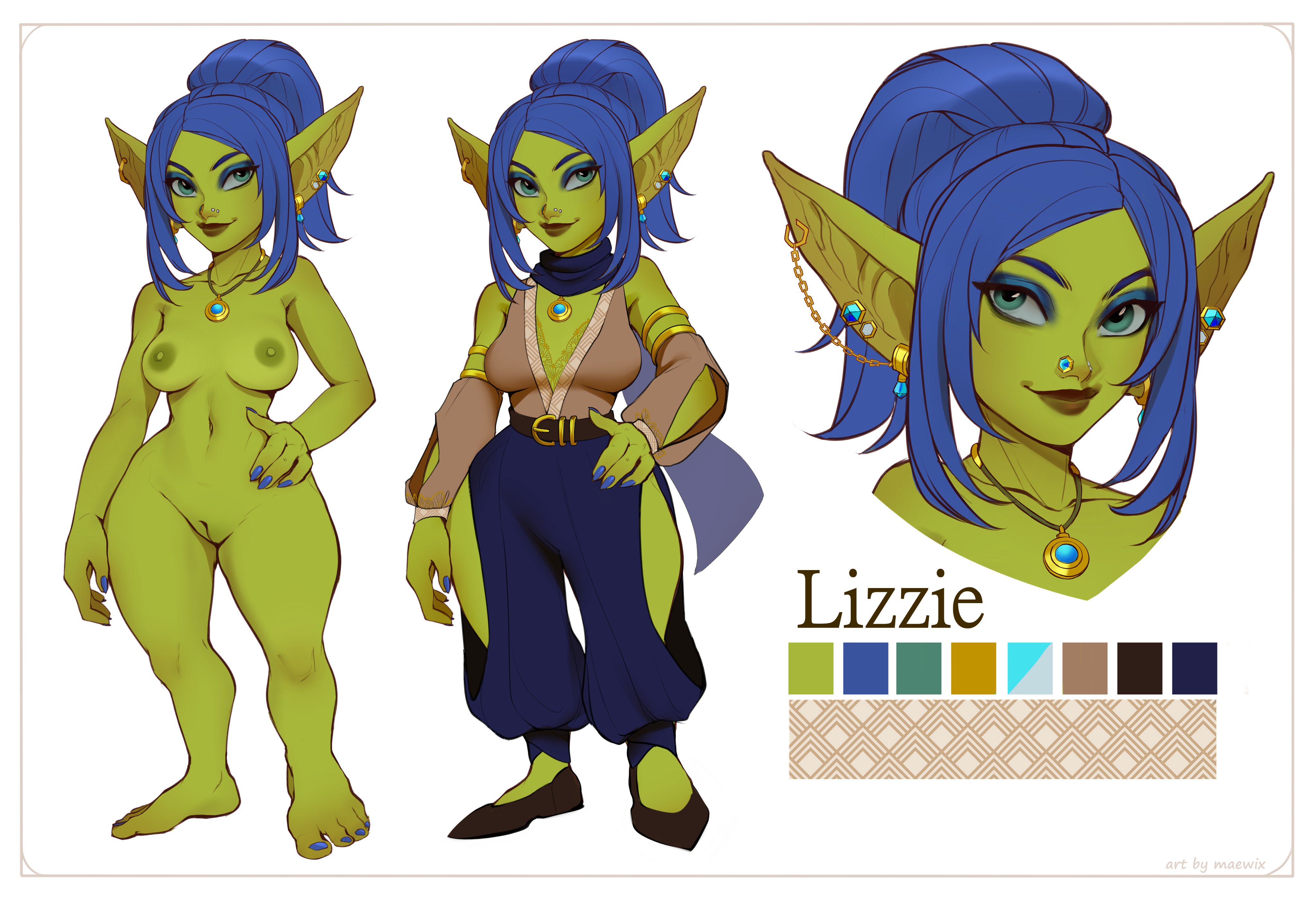 1girls, 2022, absurd res, aqua eyes, areolae, blizzard entertainment, blue eyeshadow, blue hair, breasts, character sheet, clothed, clothing, color palette, earrings, female, female only, goblin, goblin (warcraft), goblin female, green skin, hand on hip, humanoid pointy ears, lizette du migglewix (zaro3d), long hair, looking at viewer, maewix1, necklace, nipples, nose piercing, nude, nude female, pointy ears, ponytail, pussy, shortstack, smiling, smiling at viewer, solo, warcraft, white background, wide hips, world of warcraft