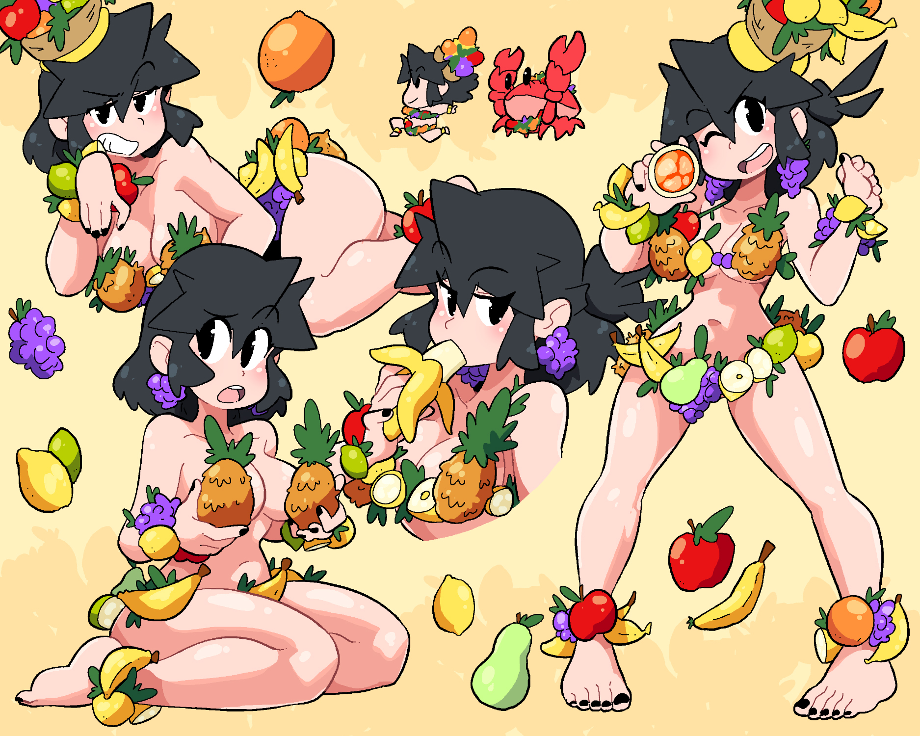 1girls, anklewear, bangs, barefoot, bikini, black hair, black nails, breasts, censored, crab, feet, female, fruit, fruit bikini, human, light skin, light-skinned female, lucia (scott malin), medium breasts, multiple poses, original, original character, painted nails, pale skin, scott malin, short hair, wristwear