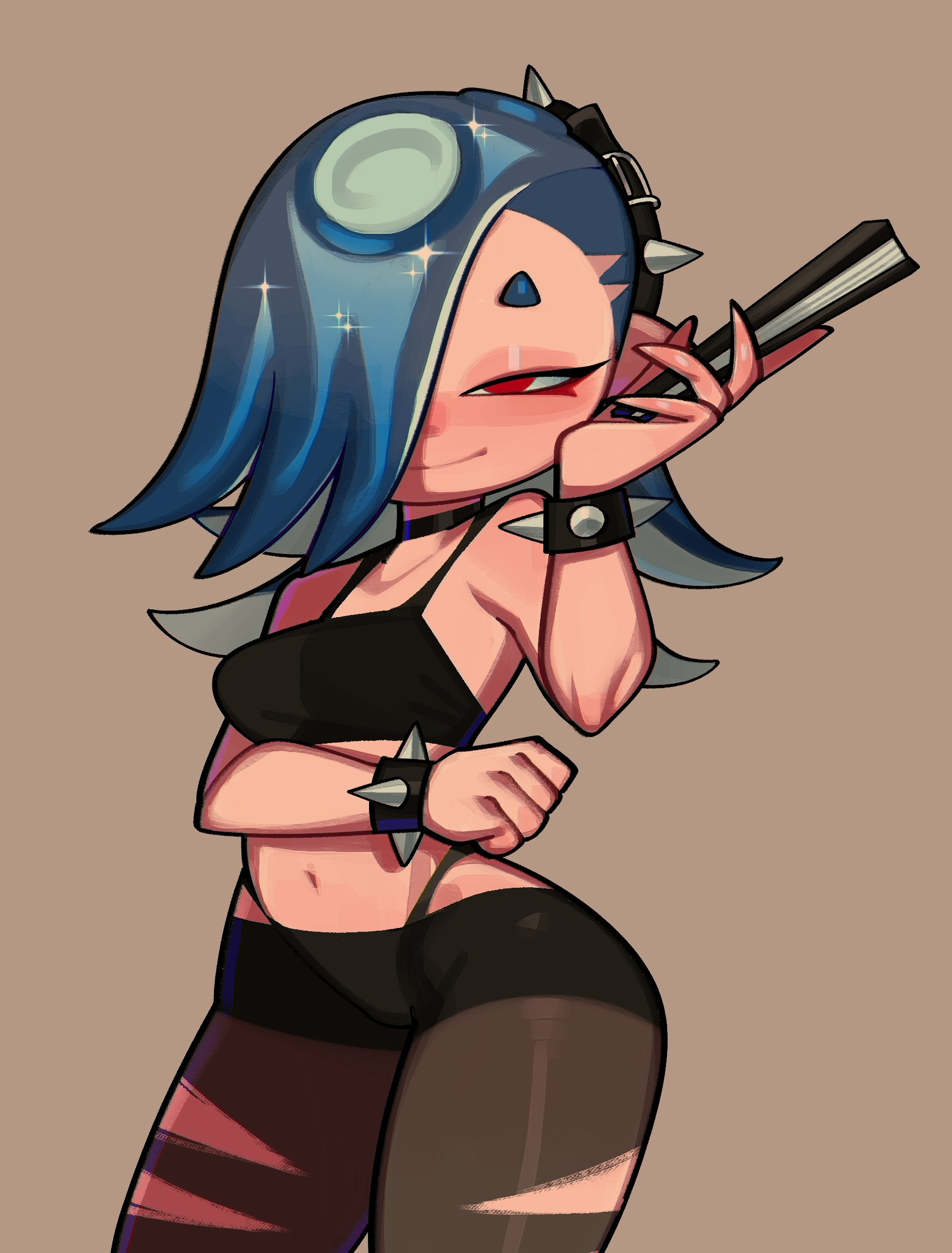 1girls, asymmetrical hair, blue hair, breasts, fan, female, fiinel, goth, hair over one eye, holding object, light skin, light-skinned female, looking at viewer, medium hair, naughty face, nintendo, octoling, pantyhose, red eyes, ripped pantyhose, shiver (splatoon), small breasts, smile, spiked bracelet, splatoon, splatoon (series), splatoon 3, suggestive look, tank top, tentacle hair, tights