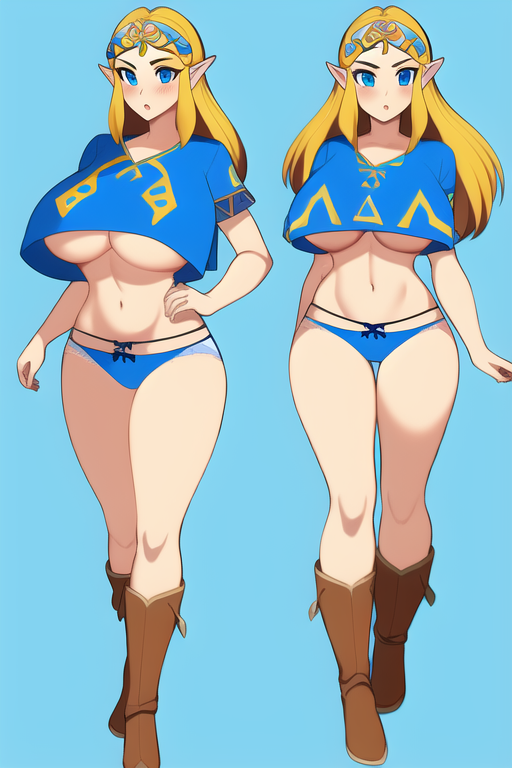 ai_generated bare_legs big_breasts blonde_hair blue_background blue_crop_top blue_eyes blue_panties blush boots breasts breath_of_the_wild brown_boots crop_top full_body legs midriff nai_diffusion panties pointy_ears princess_zelda simple_background stable_diffusion standing stomach the_legend_of_zelda thighs underboob underwear zelda_(breath_of_the_wild)