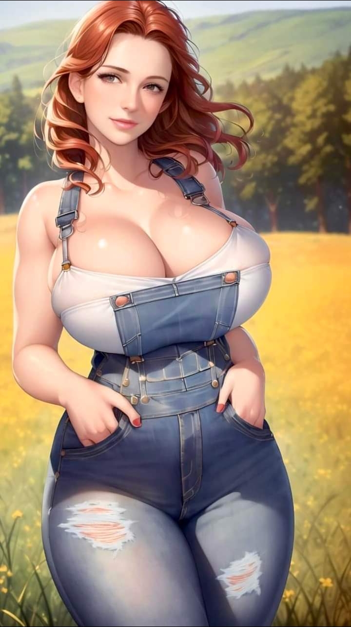 1girls ai_generated big_breasts breasts child_bearing_hips cleavage country_girl farm_girl farmgirl female female_only field hands_in_pockets huge_breasts light-skinned_female nail_polish outdoors overalls painted_nails red_hair red_nails solo straight_hair thick thick_thighs thighs torn_jeans voluptuous voluptuous_female wide_hips