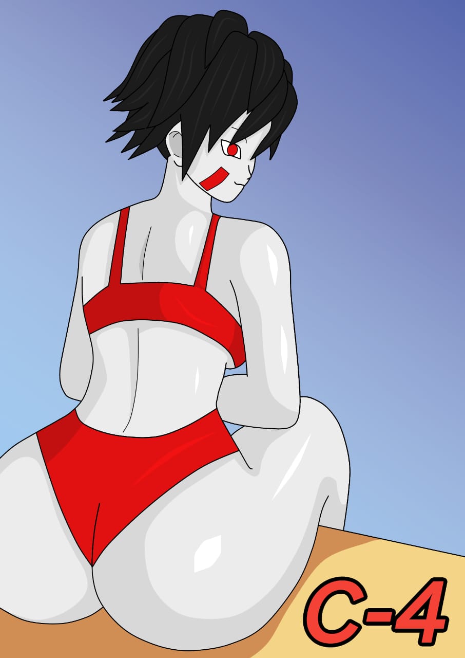 1girls ass big_ass bikini black_hair clothing dat_ass diyunk dragon_ball dragon_ball_xenoverse female female female_only girl happy huge_ass humanoid looking_back medibangpaint monster_girl oc original_character red_bikini red_clothing red_eyes seated smile solo source_request tagme white_skin