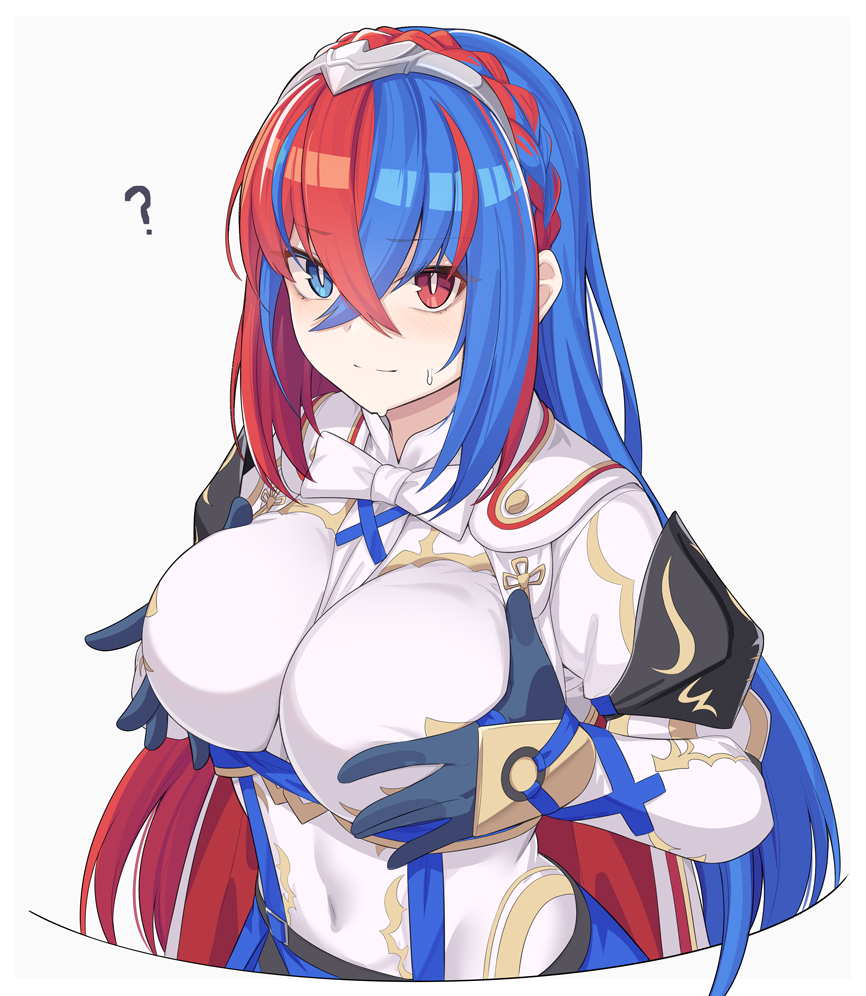 1girls ? alear_(female)_(fire_emblem) alear_(fire_emblem) armor armored_dress bangs blue_eyes blue_gloves blue_hair braid breasts breasts_squeezed_together closed_mouth covered_navel crossed_bangs crown_braid double_breast_grab dress female female female_only fire_emblem fire_emblem_engage gloves hair_between_eyes headpiece heterochromia large_breasts multicolored_hair nintendo red_eyes red_hair shiseki_hirame simple_background solo split-color_hair sweatdrop two-tone_hair upper_body white_dress