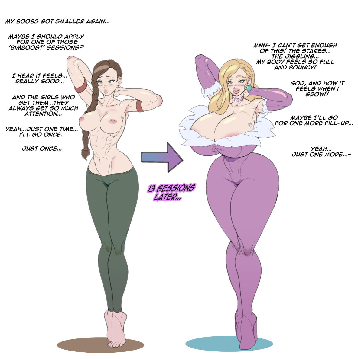 ass, ass expansion, before and after, bimbo, bimbofication, breast expansion, breast growth, breast growth (enlargement), breasts, covered nipples, female, frozenaardvark, fur trim, hair color change, hair growth, high heels, huge ass, huge breasts, krissy krave, lip expansion, navel, nipples, personality change, the varking, thick lips, thick thighs, thigh expansion, transformation, weight gain, wide hips