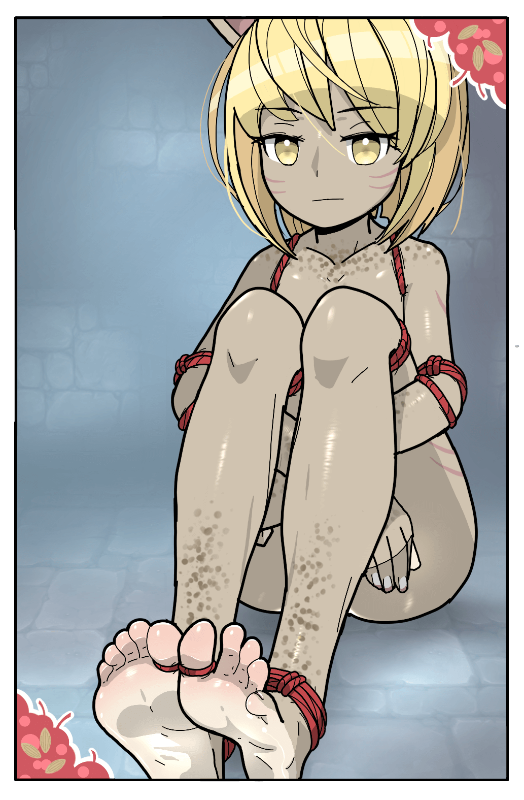 anthro arms_tied bound feet_tied female hi_res humanoid legs_tied pawfeather pecan_(pawfeahter) solo