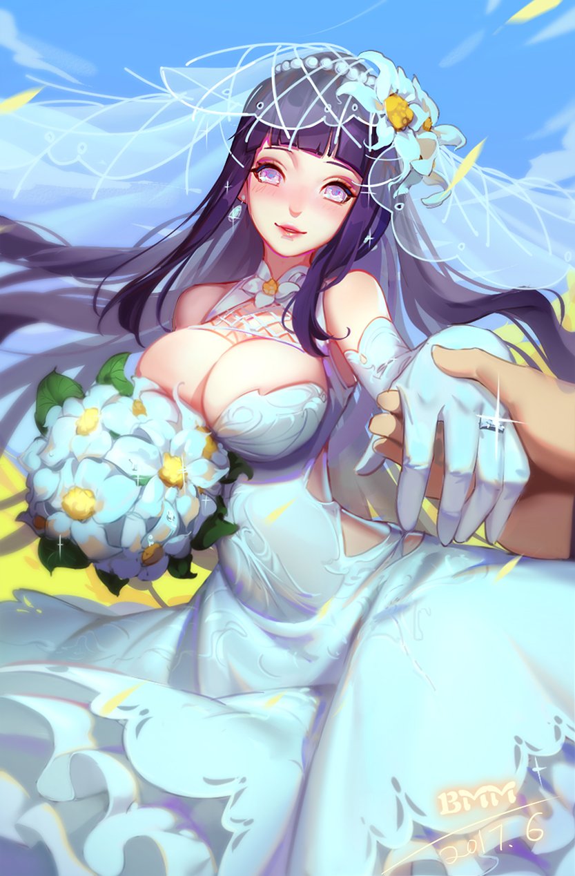 1boy, 1girls, big breasts, blue outfit, bmm, bouquet, breasts, bride, cute, female, hyuuga hinata, light skin, light-skinned female, makeup, male, male/female, married female, milf, naruto, naruto (series), naruto: the last, pale skin, pale-skinned female, shounen jump, smile, solo female, unseen male face, wedding, wedding dress, wedding ring, wife